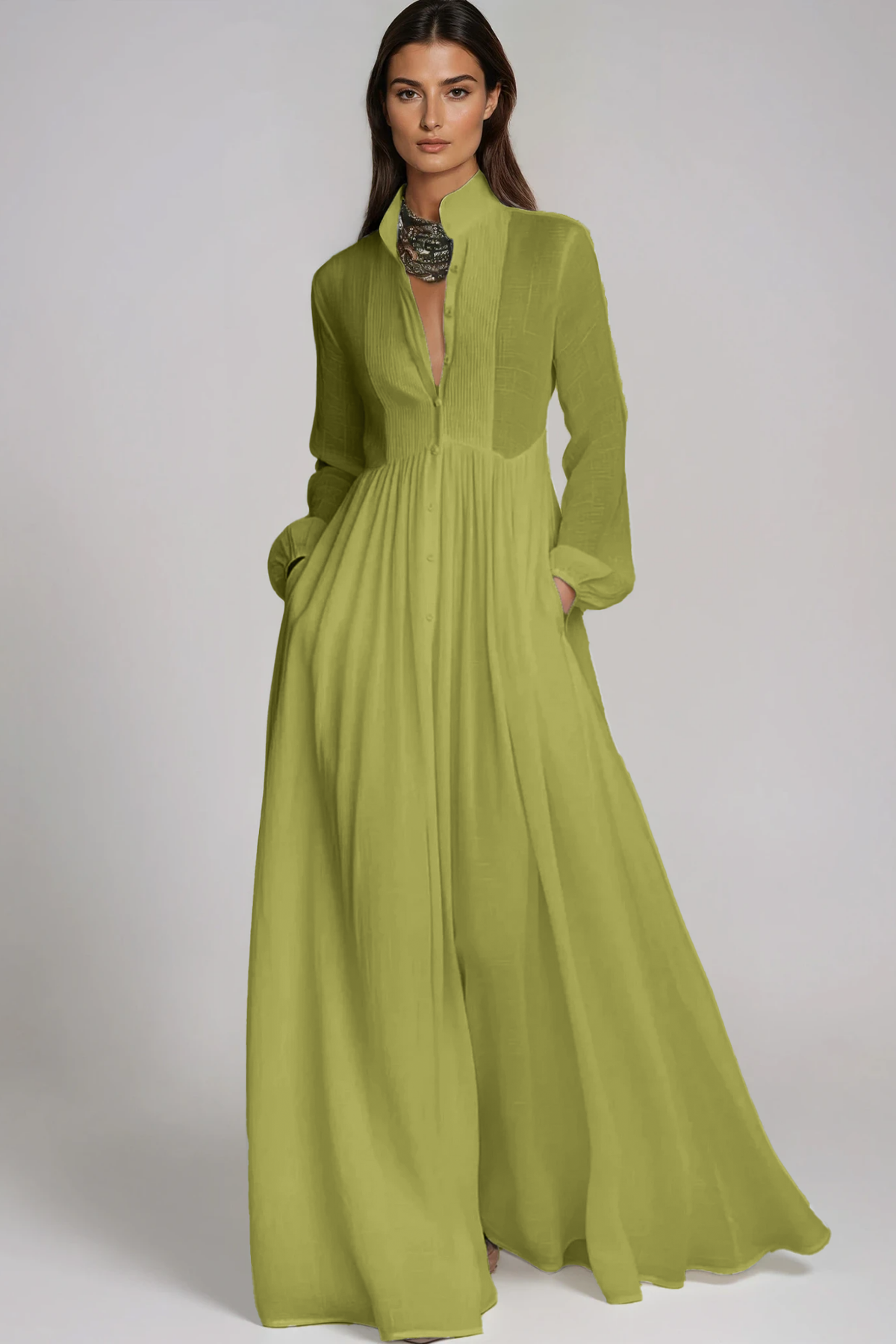 Fizza Plunge Ruch Maxi Dress In Green