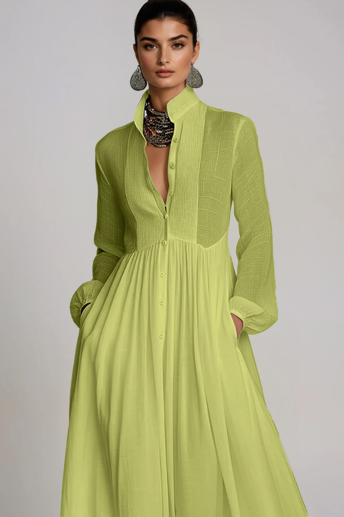 Fizza Plunge Ruch Maxi Dress In Chartreuse