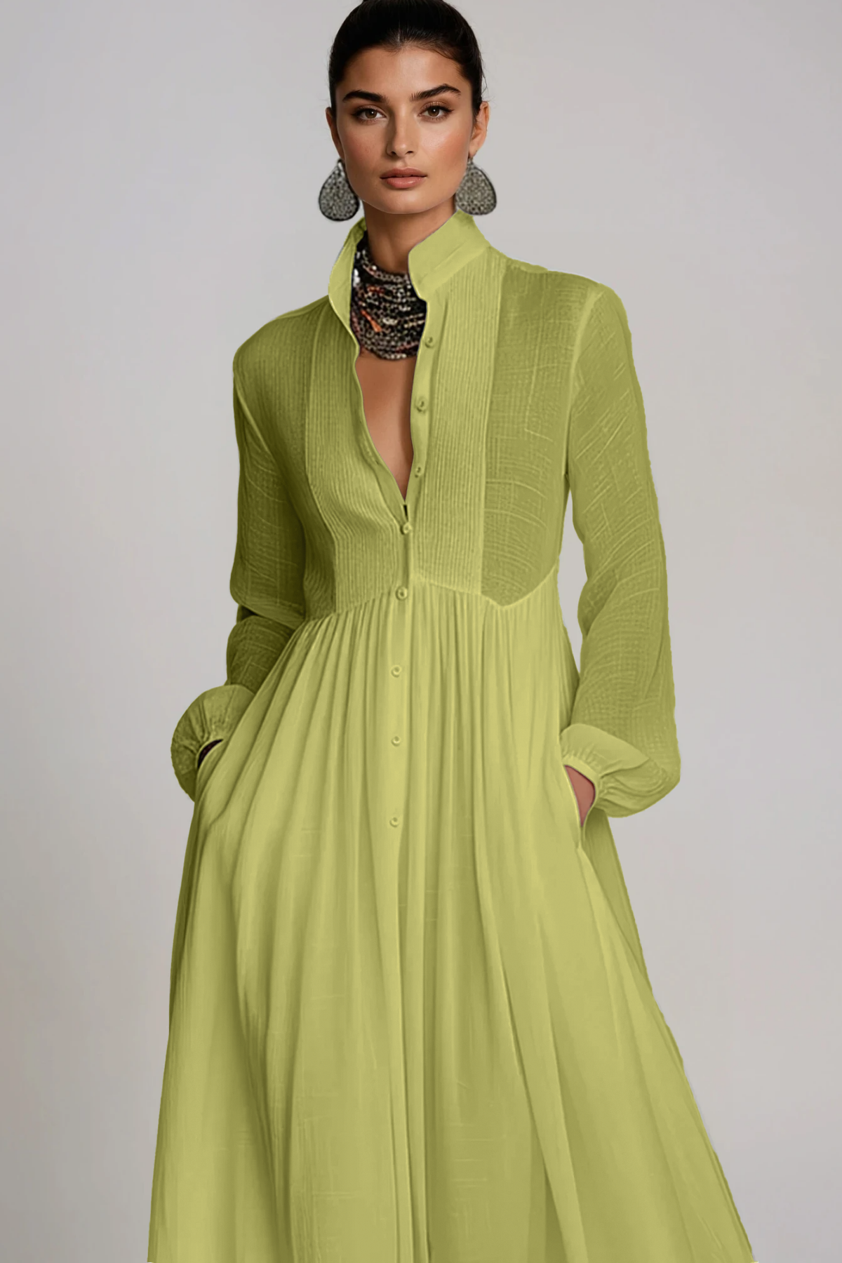 Fizza Plunge Ruch Maxi Dress In Green