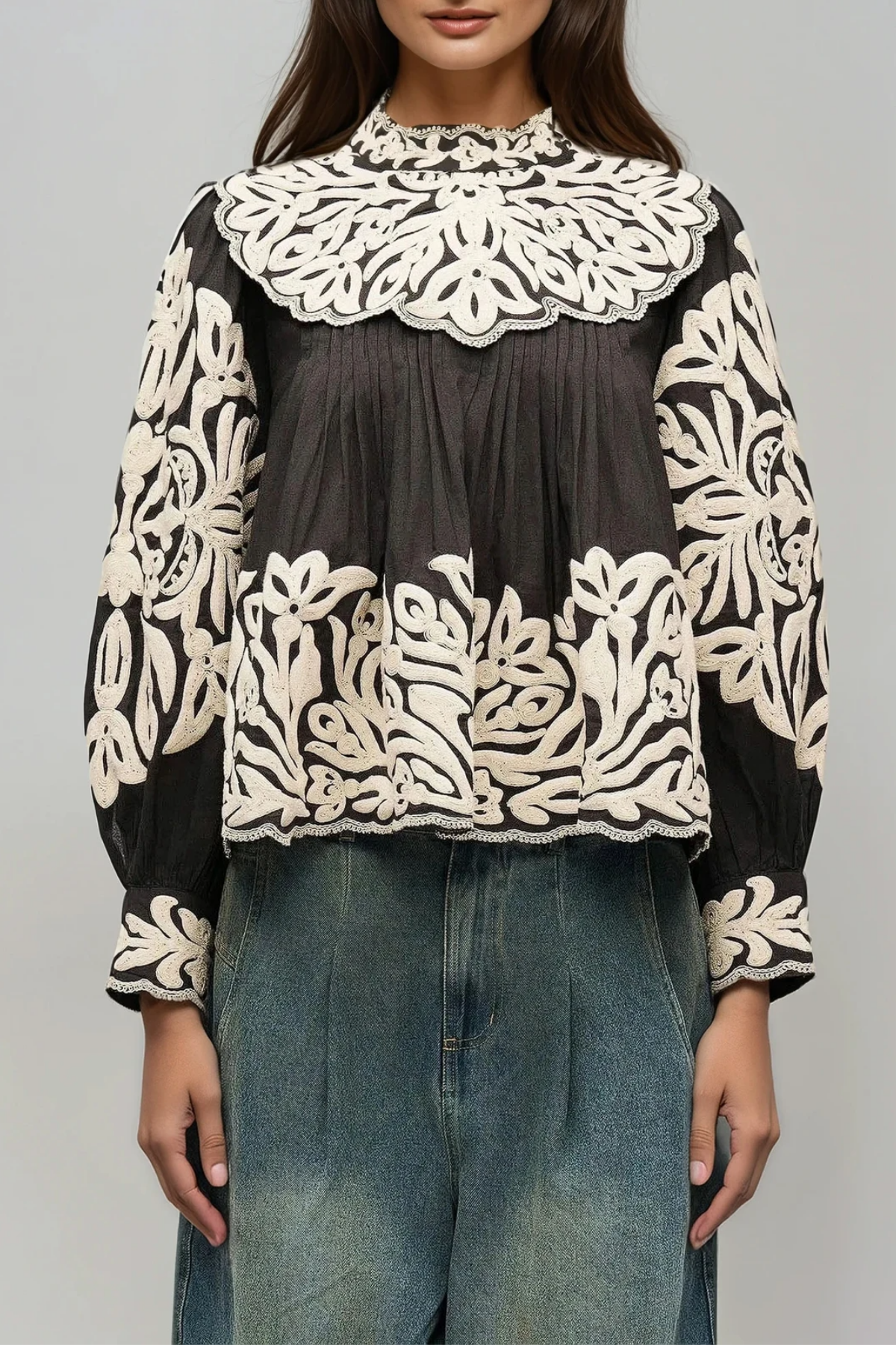 Flaka Balloon Sleeve Embroidered Top