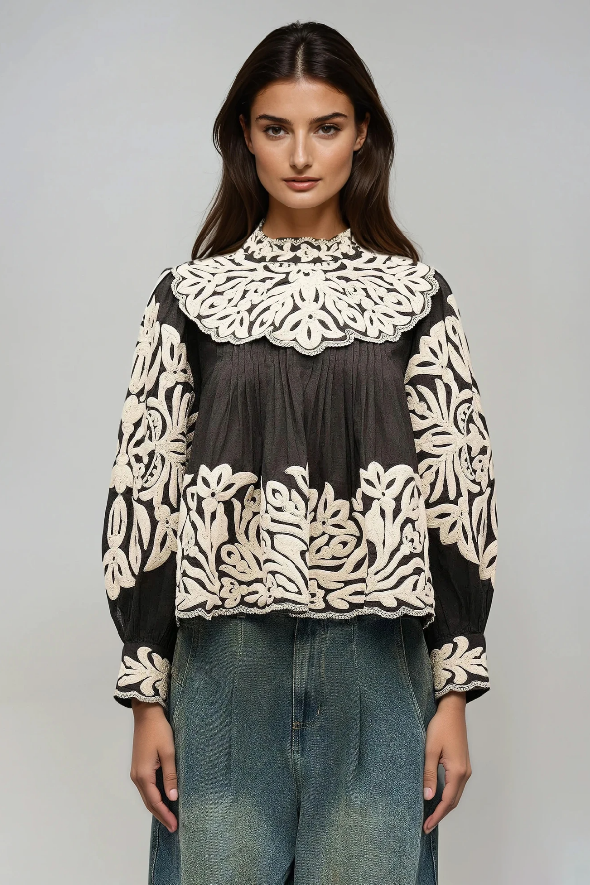 Flaka Balloon Sleeve Embroidered Top