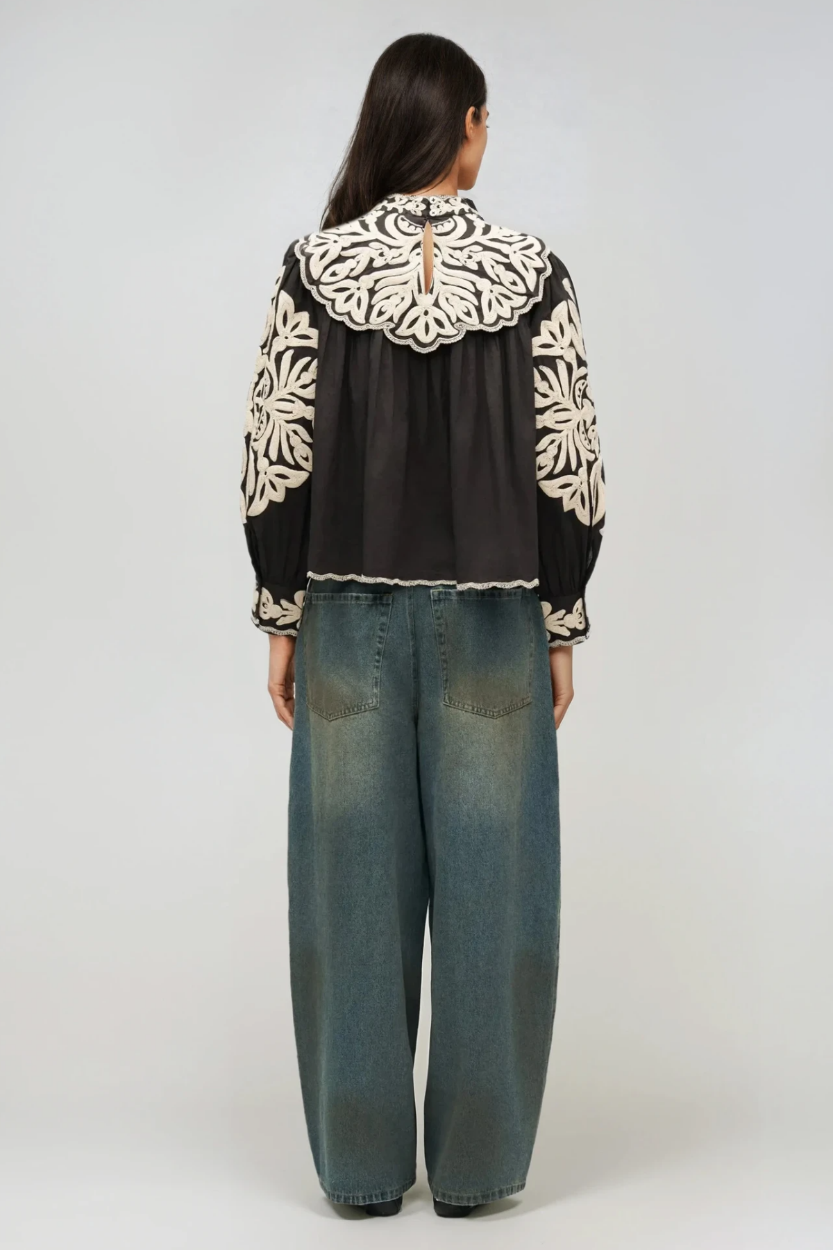 Flaka Balloon Sleeve Embroidered Top