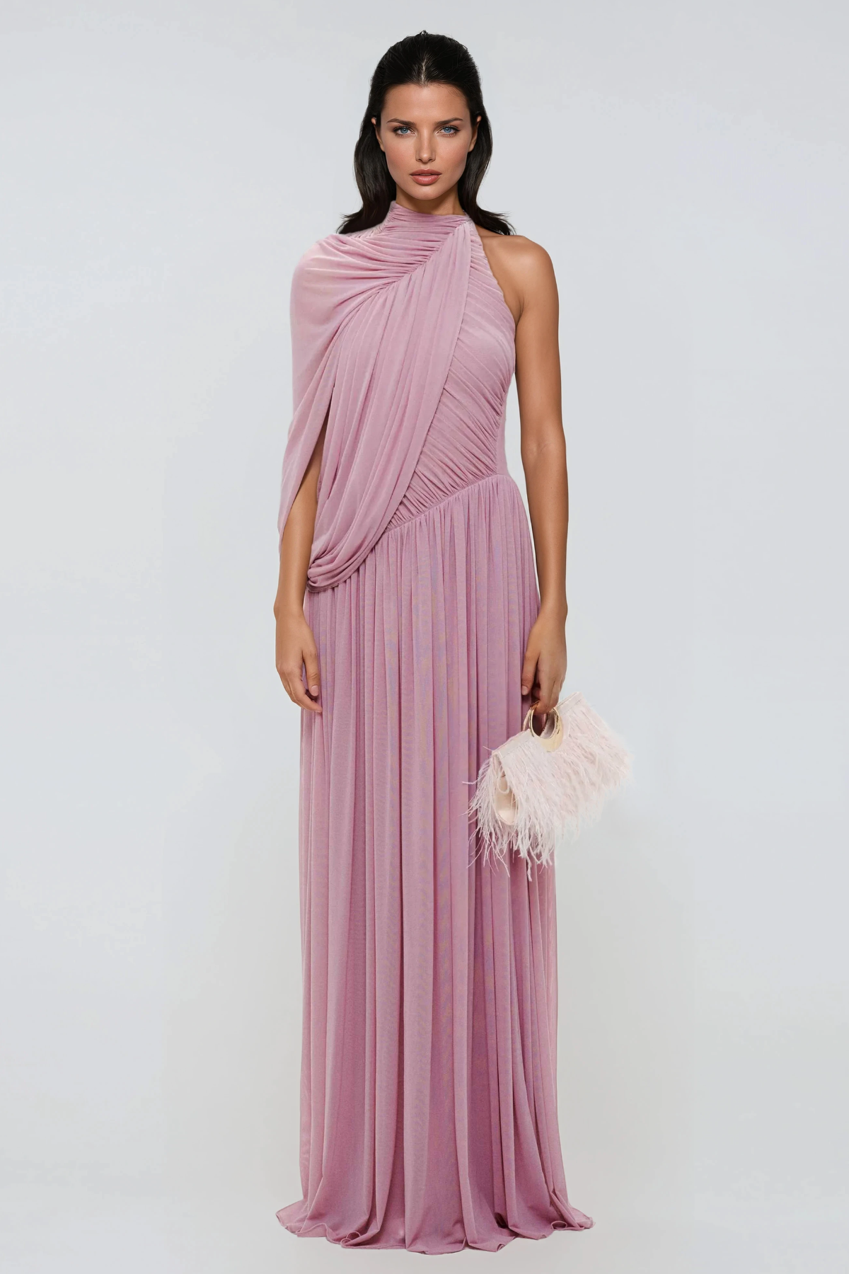 Flamur Asymmetric Draped Mesh Maxi Dress