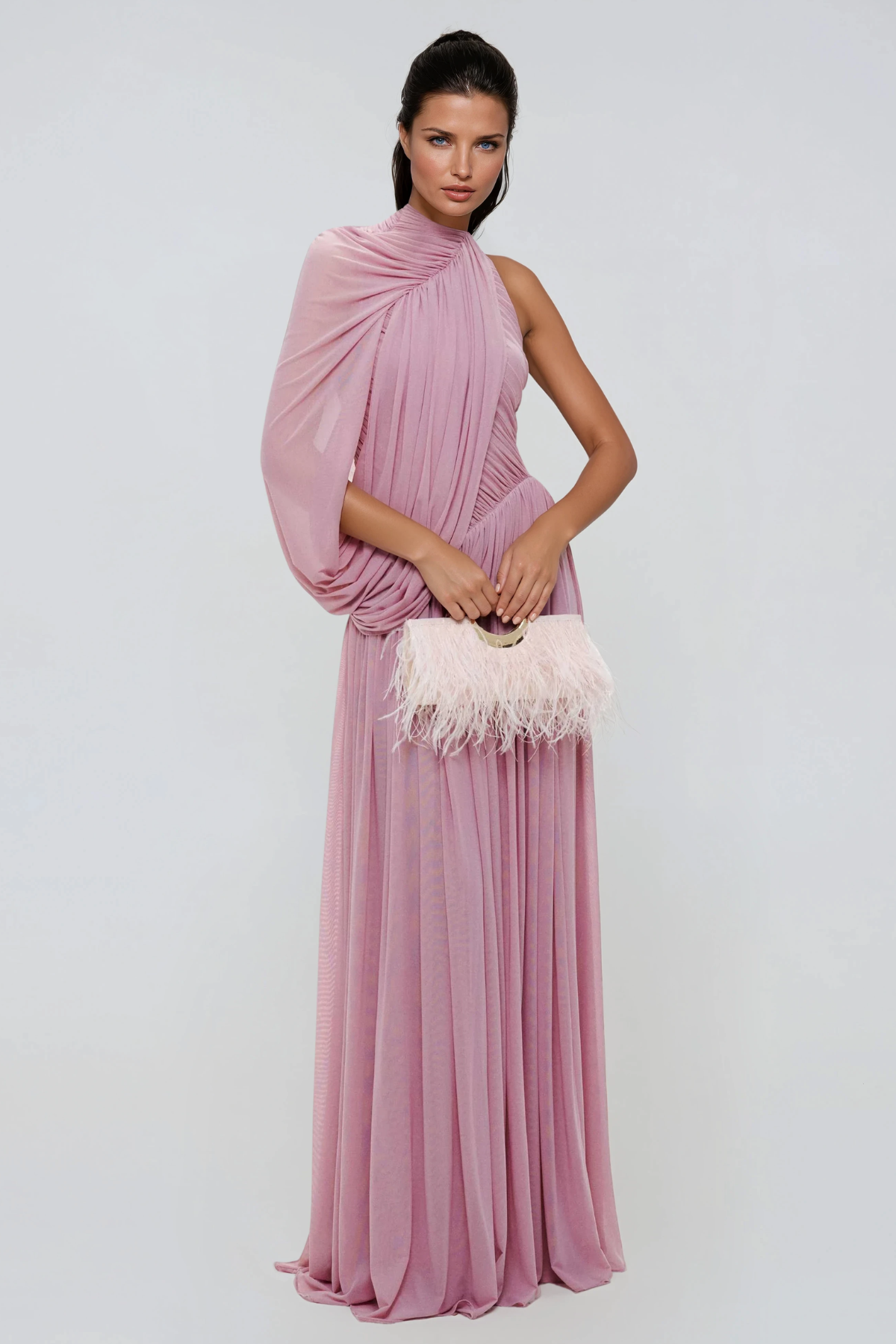 Flamur Asymmetric Draped Mesh Maxi Dress