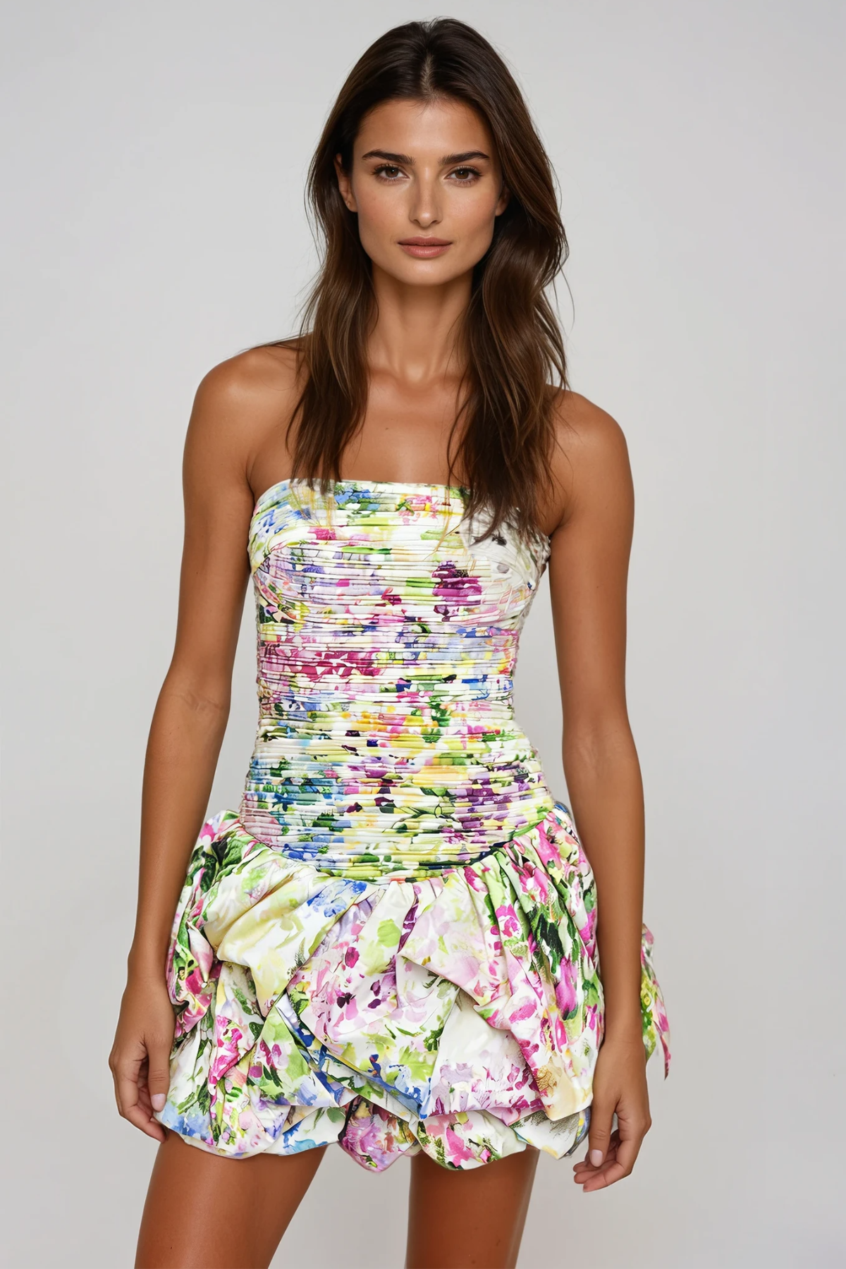Flannan Strapless Ruch Print Mini Dress