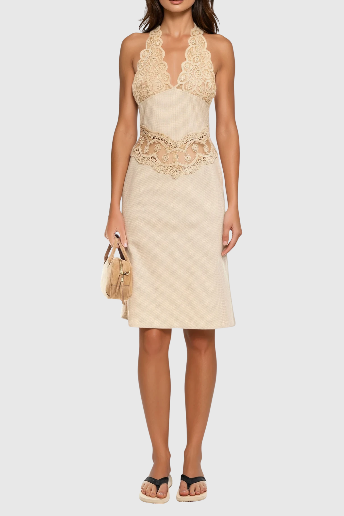 Flavia Halter Neck Lace Midi Dress In Apricot