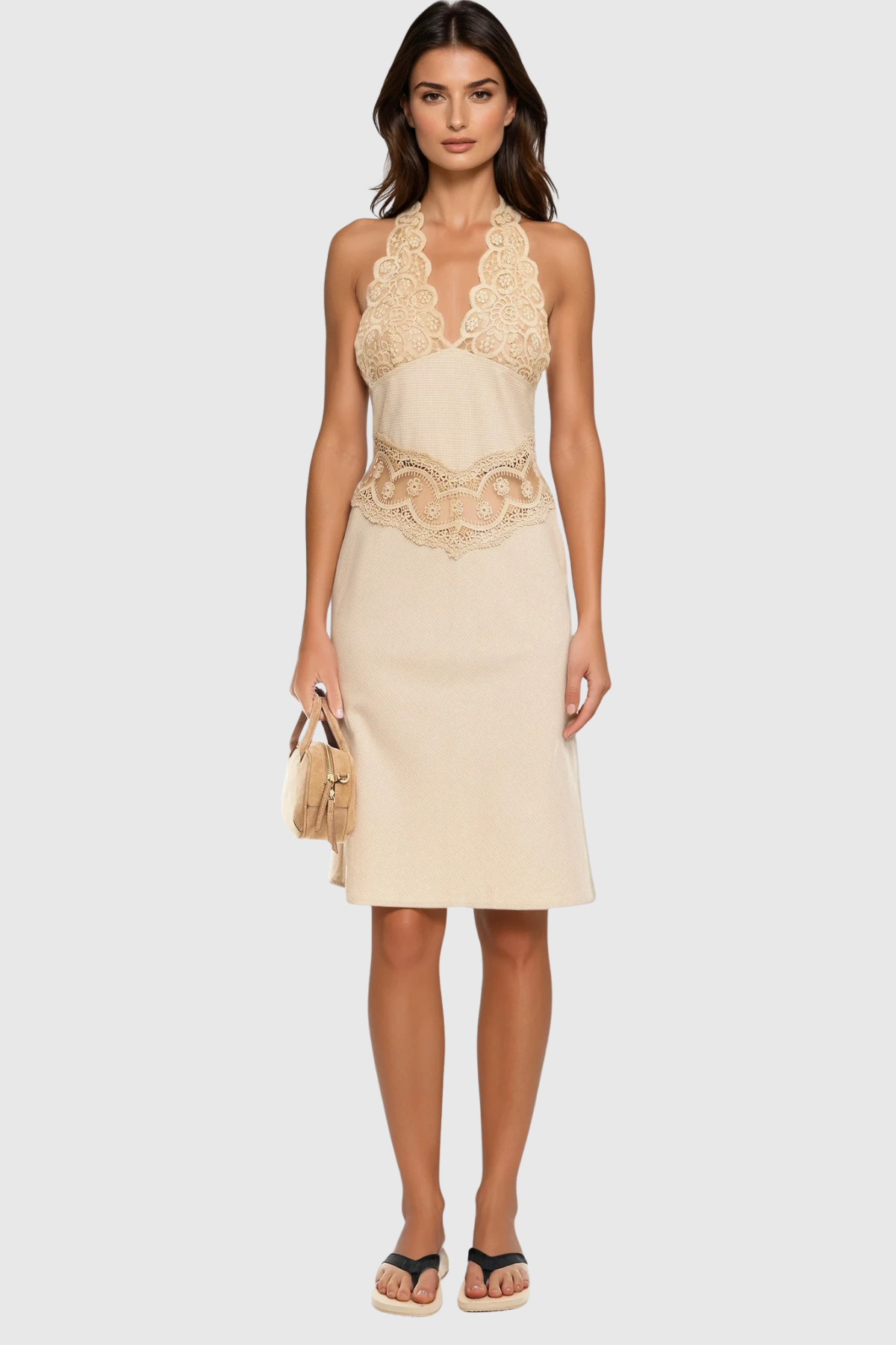 Flavia Halter Neck Lace Midi Dress In Apricot