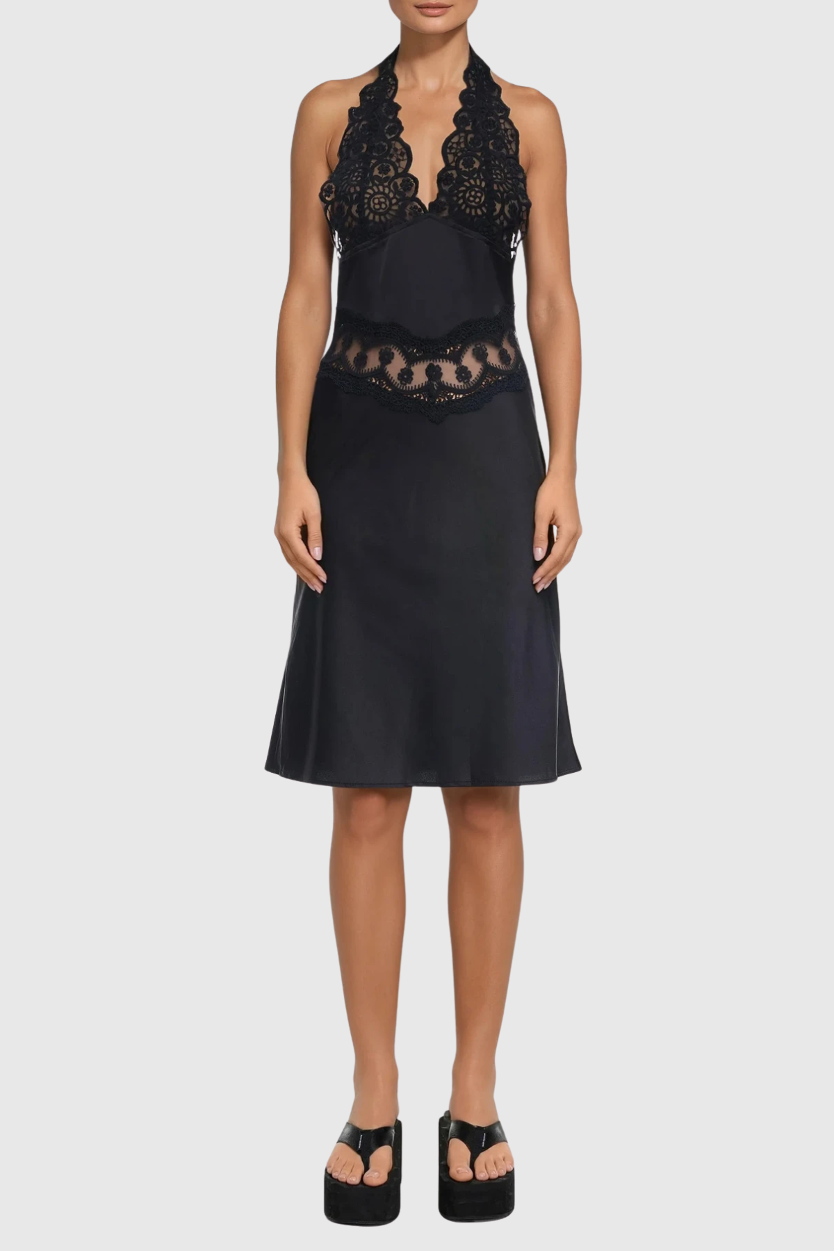 Flavia Halter Neck Lace Midi Dress In Black