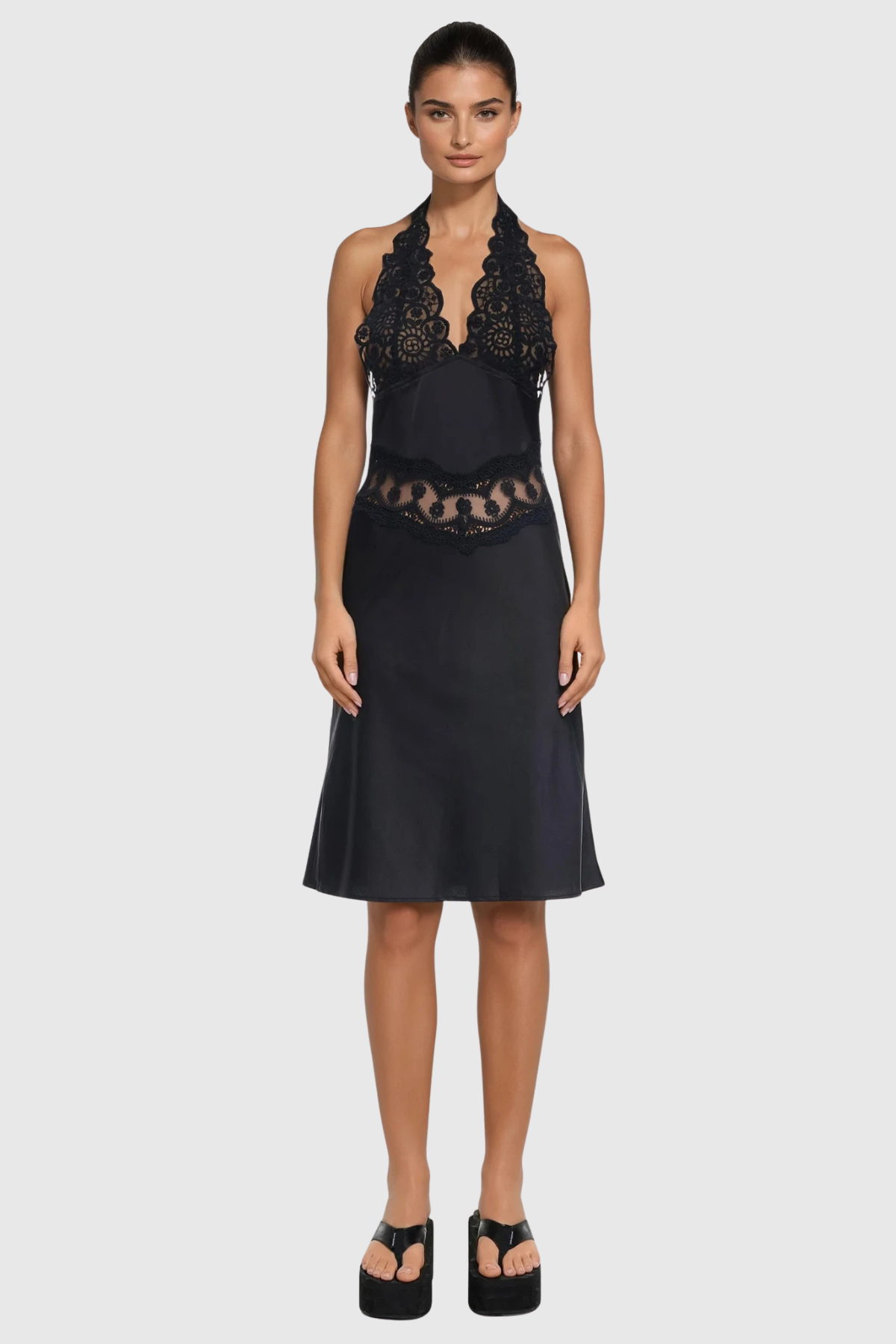 Flavia Halter Neck Lace Midi Dress In Black