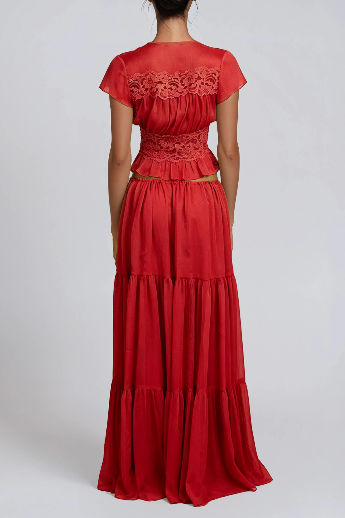Flavie Crop Lace Skirt Set In Red