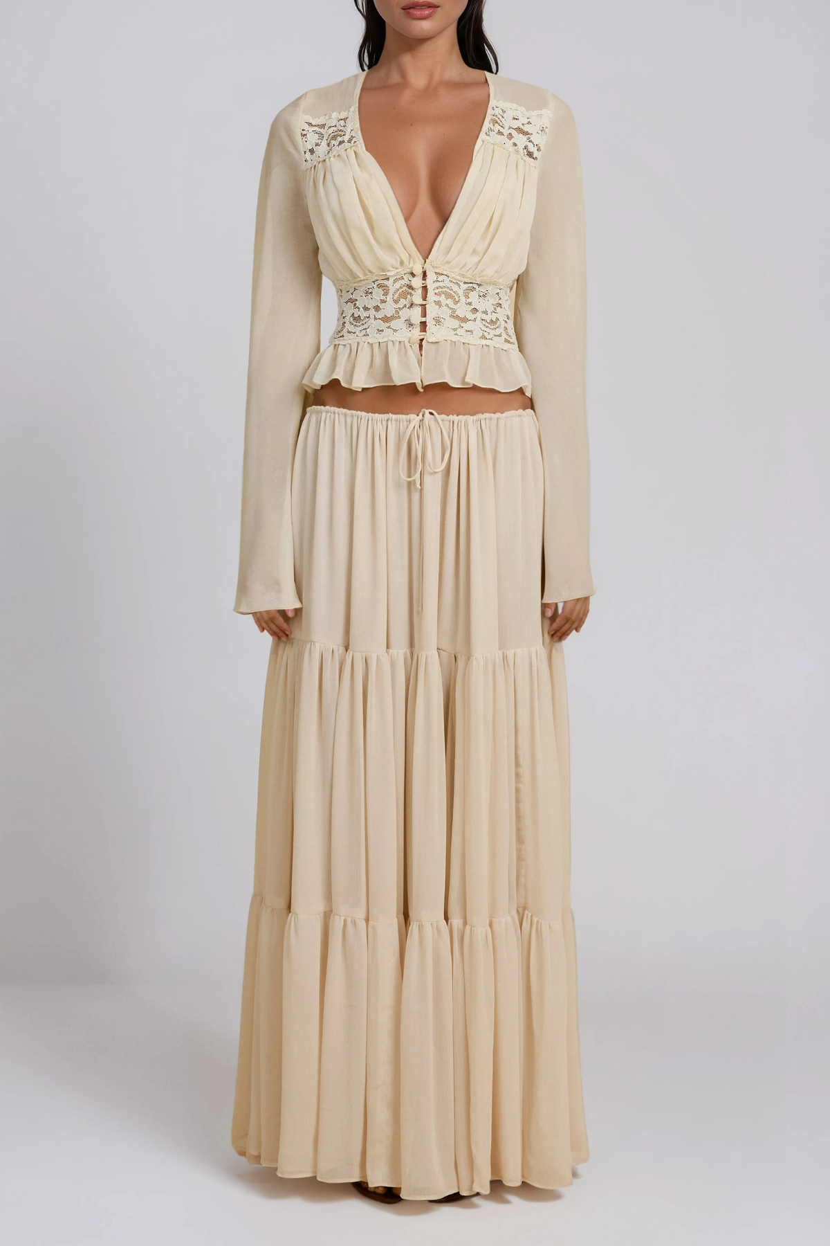 Flavie Crop Lace Skirt Set In Apricot