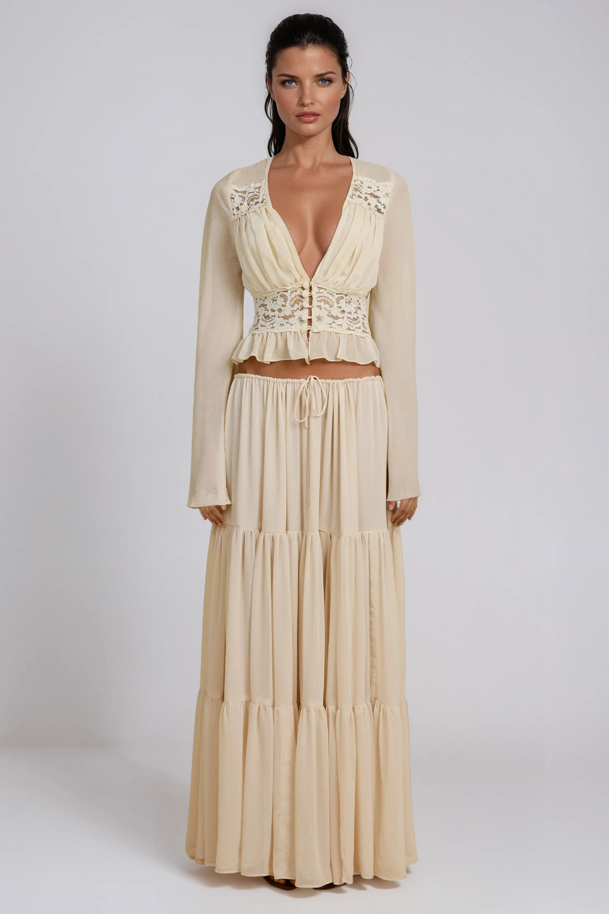 Flavie Crop Lace Skirt Set In Apricot
