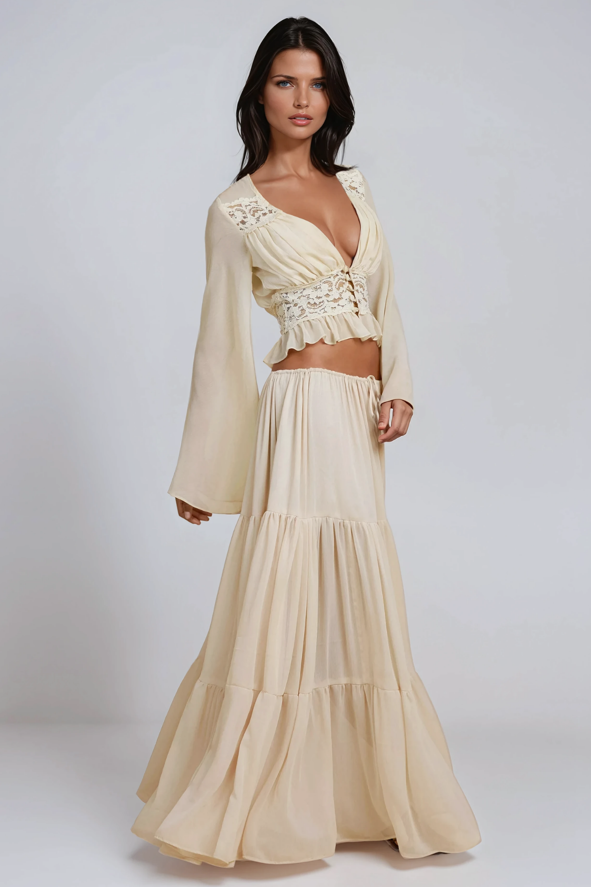 Flavie Crop Lace Skirt Set In Apricot