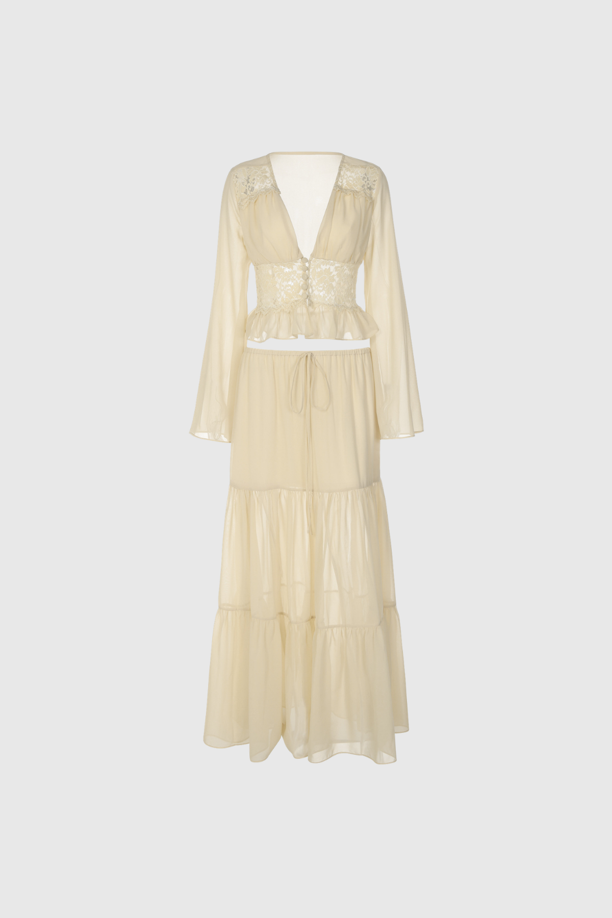 Flavie Crop Lace Skirt Set In Apricot