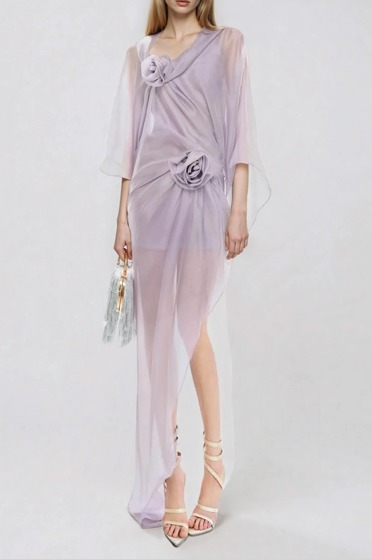 Fleur Flower Mesh Asymmetric Maxi Dress