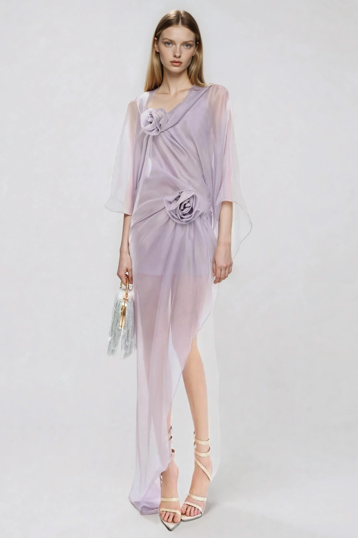 Fleur Flower Mesh Asymmetric Maxi Dress