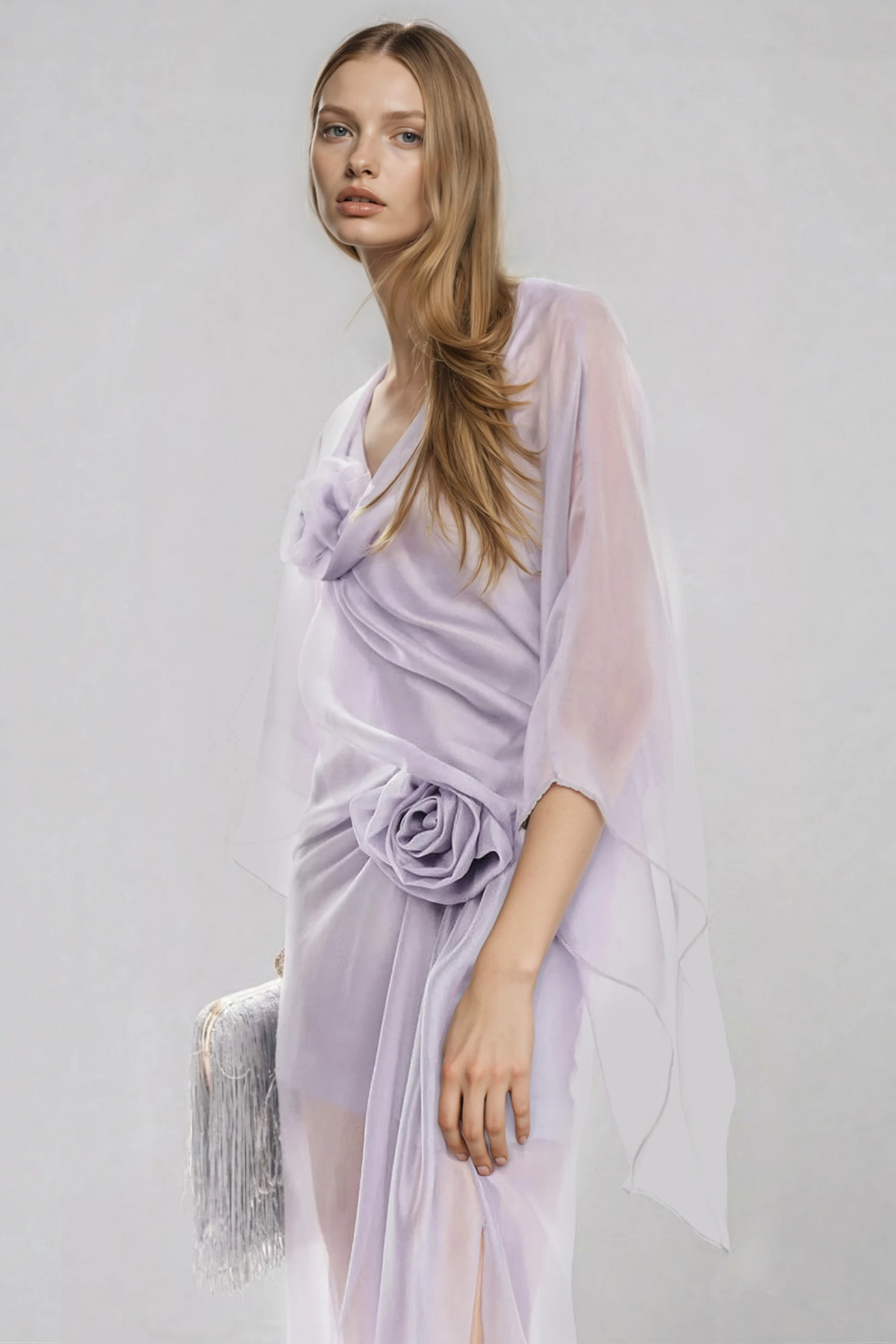 Fleur Flower Mesh Asymmetric Maxi Dress