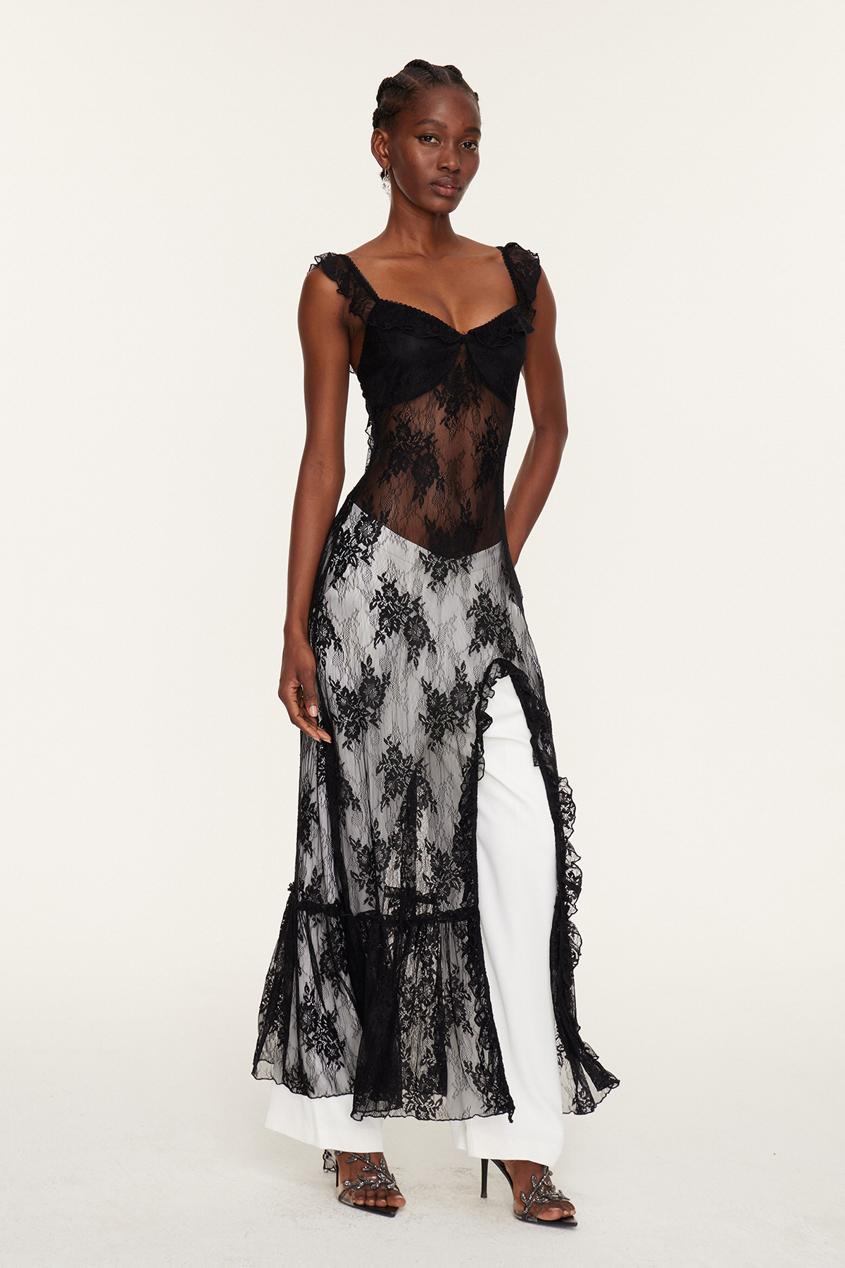 Florent Lace Ruffle Split Maxi Dress