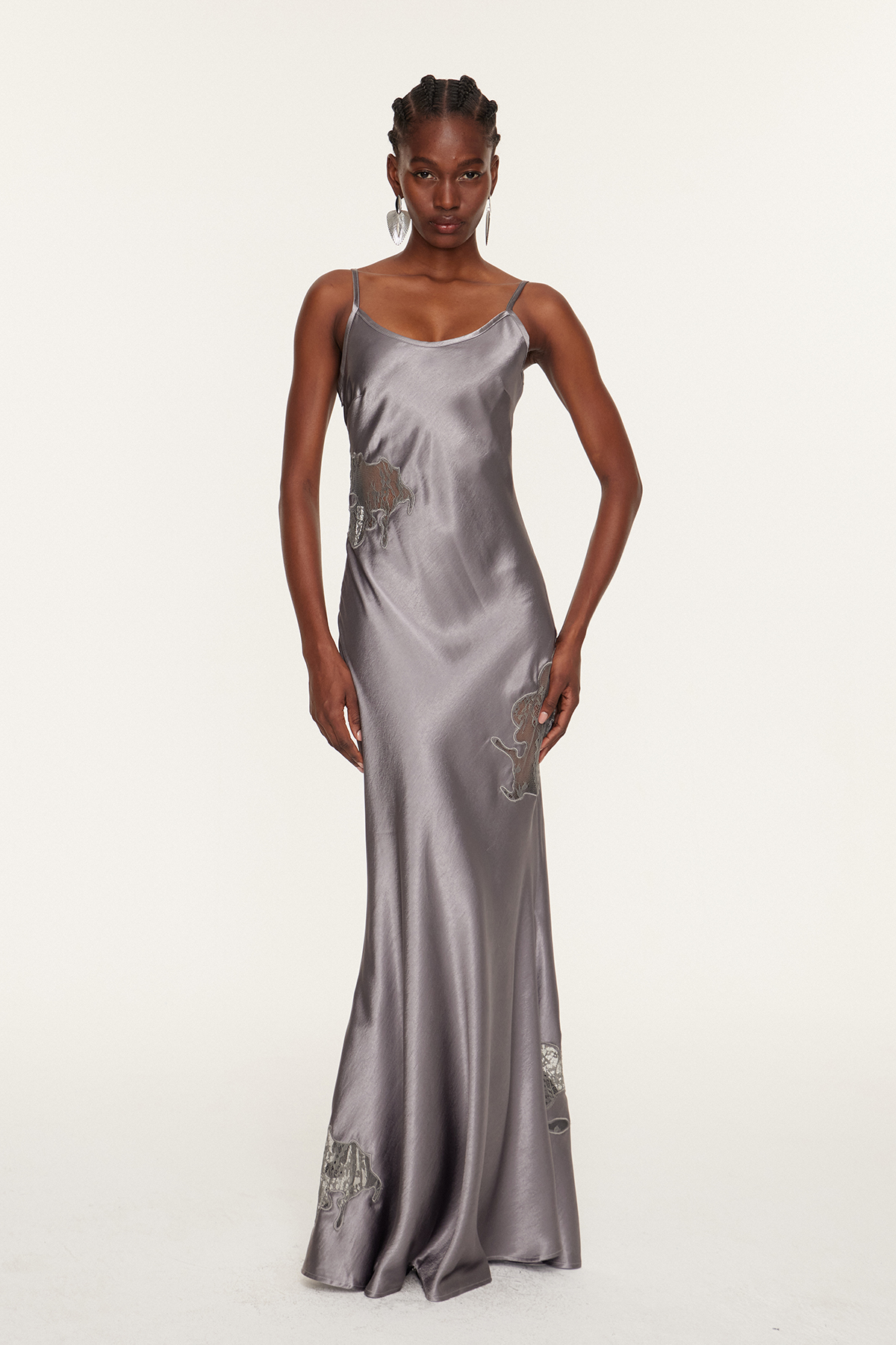 Florentin Spaghetti Lace Satin Maxi Dress