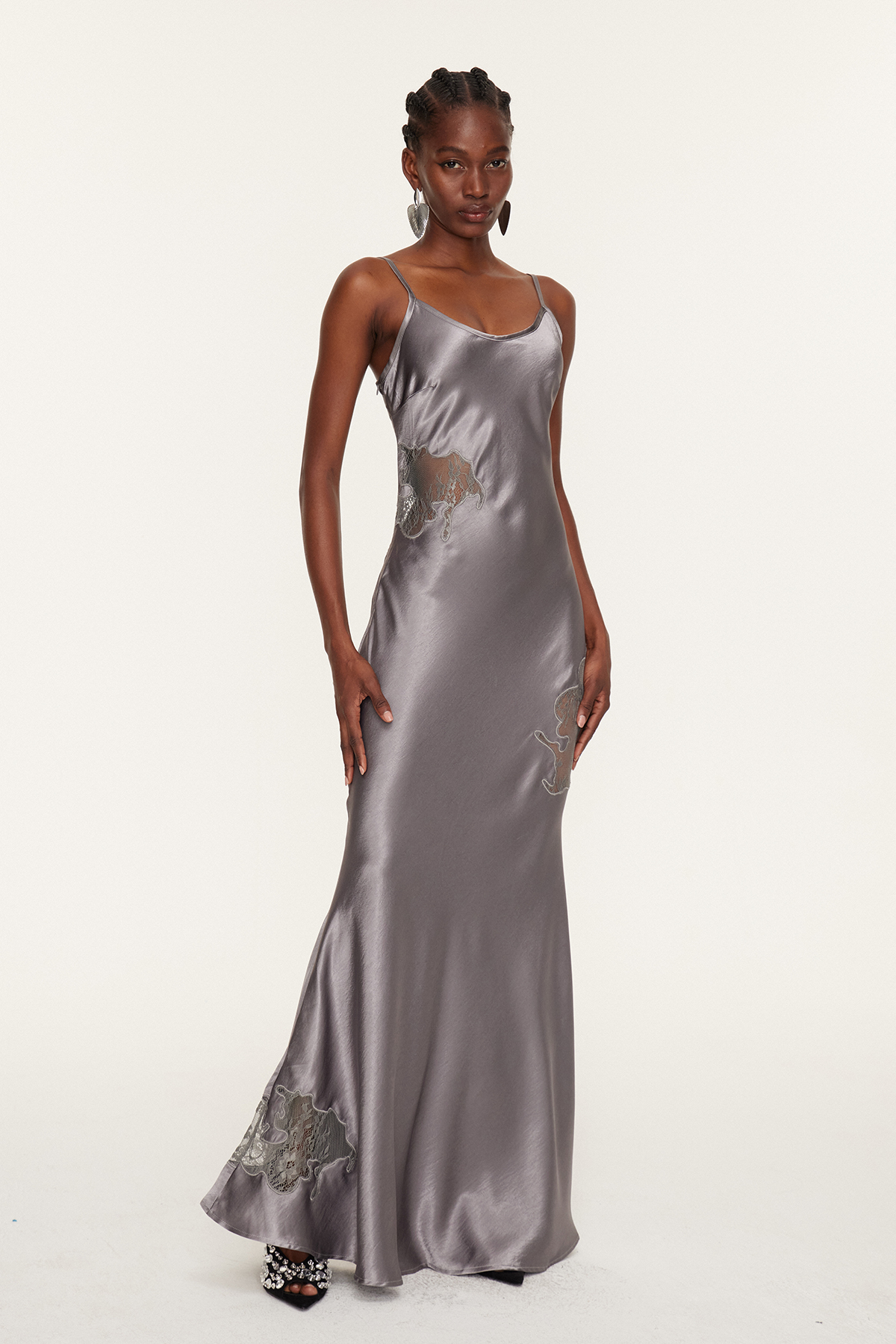 Florentin Spaghetti Lace Satin Maxi Dress