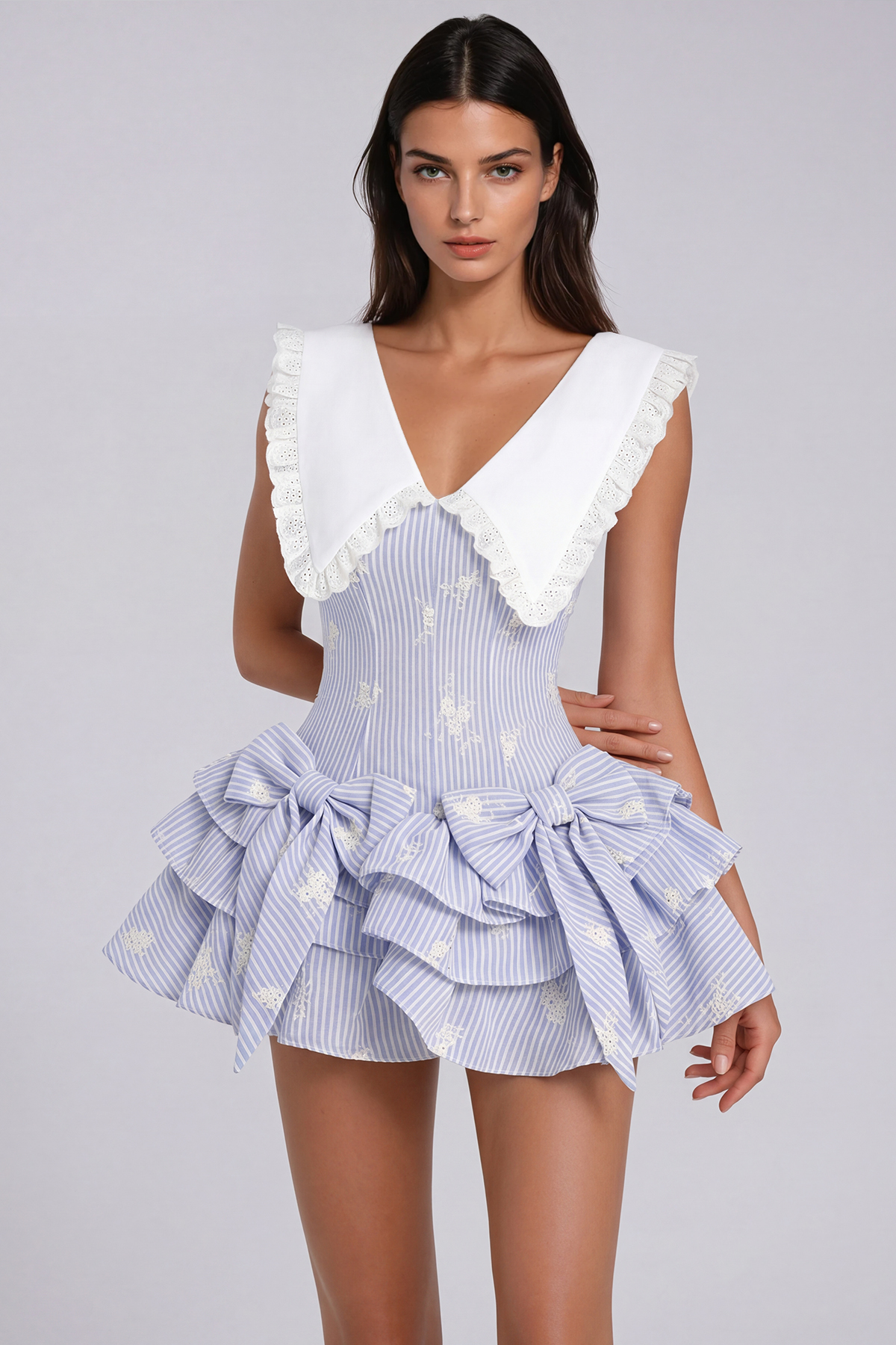 Florijan Stripe Bow Mini Dress In Blue