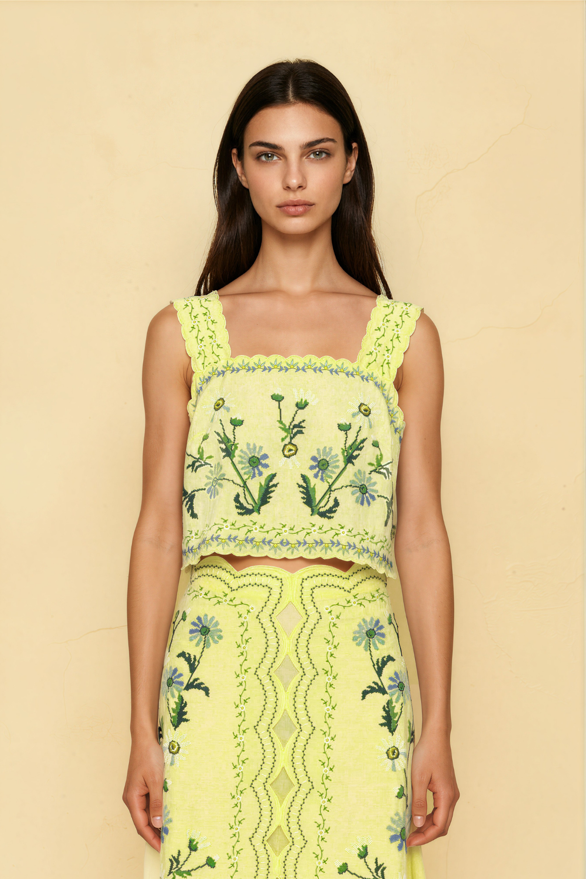 Florinda Embroidered Floral Skirt Set In Butter Yellow