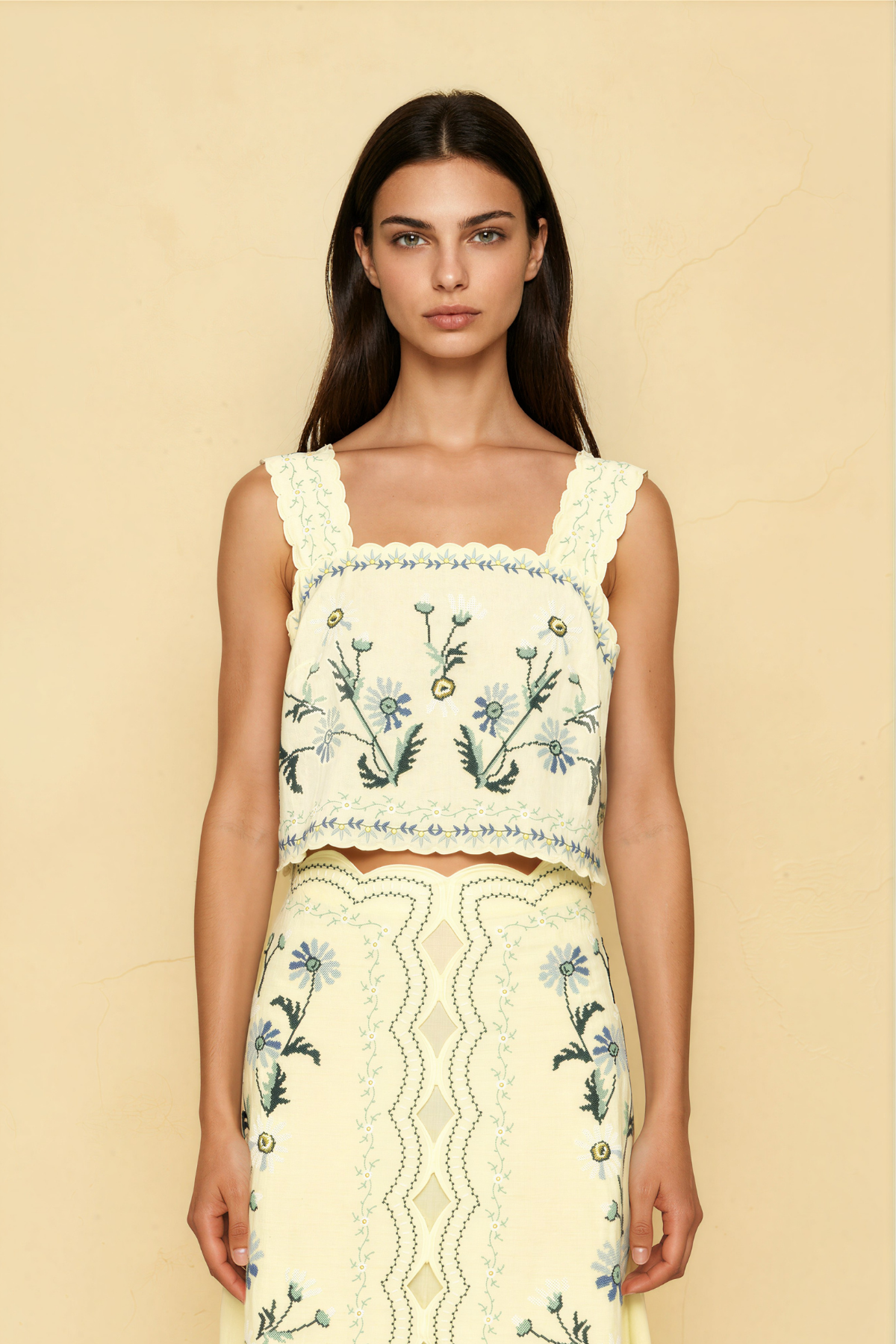 Florinda Embroidered Floral Skirt Set In Butter Yellow