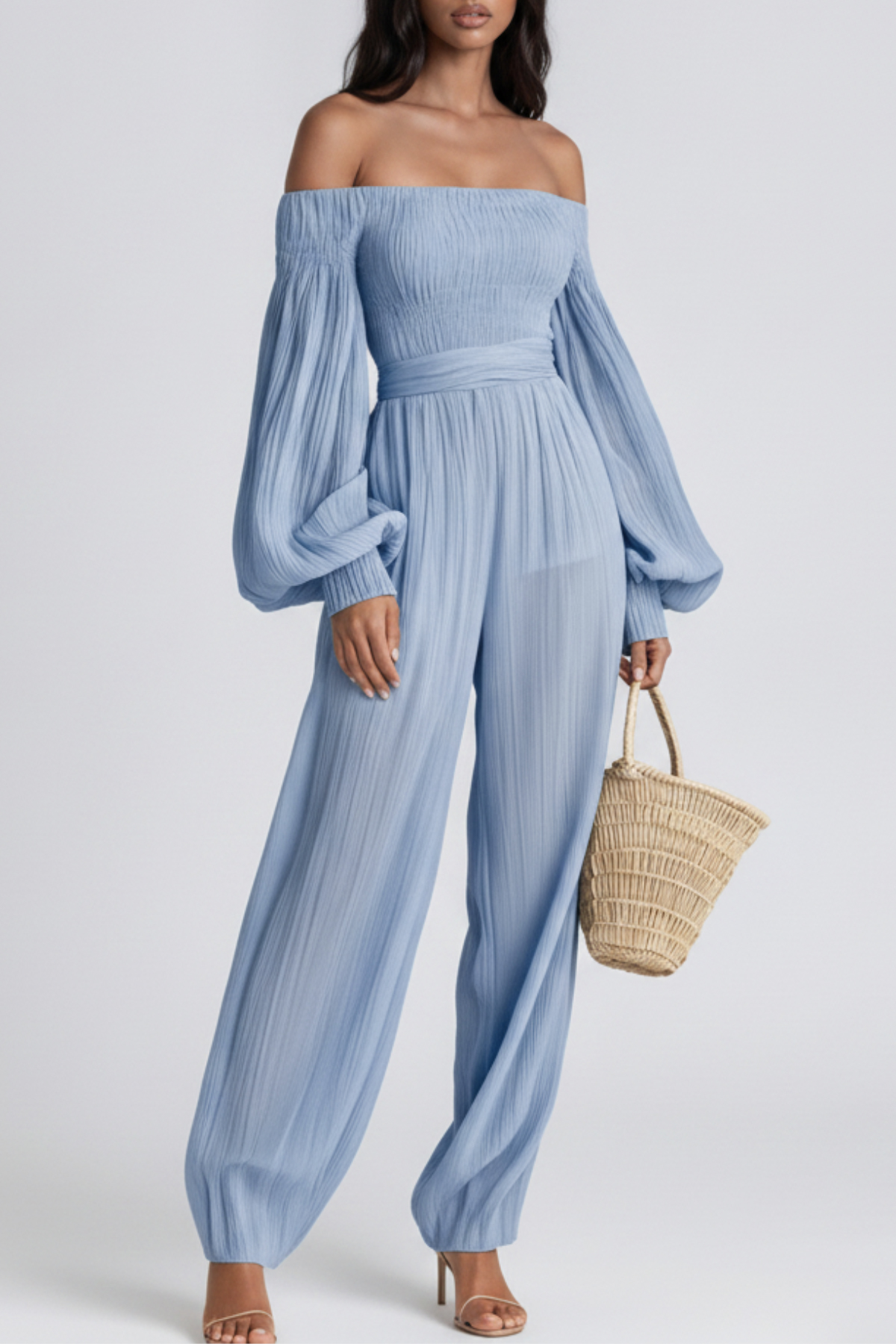 Floris Balloon Sleeve Ruch Jumpsuit In Blue