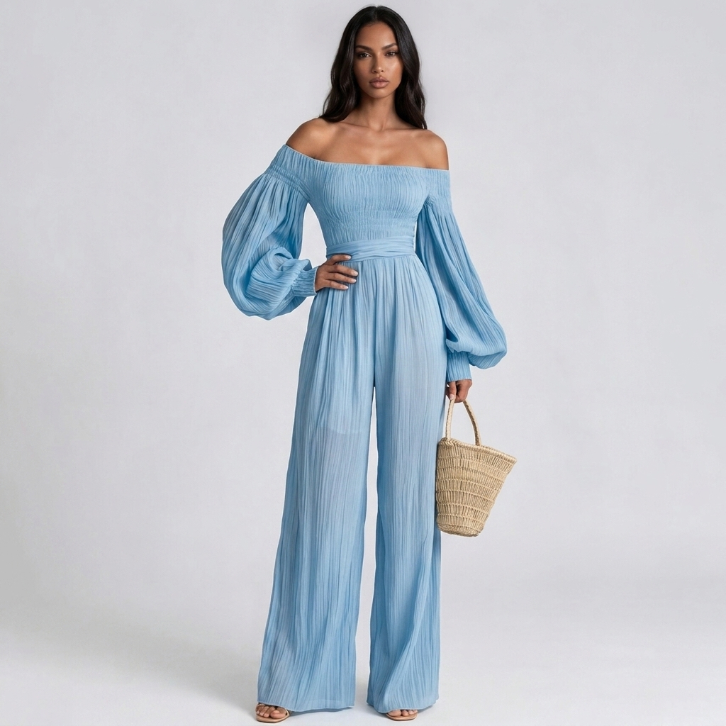 Floris Balloon Sleeve Ruch Jumpsuit In Blue