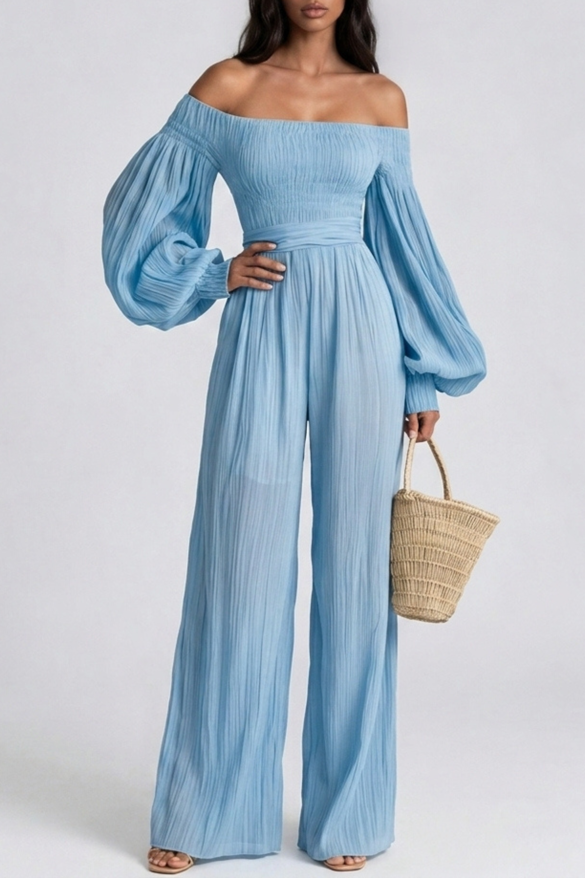 Floris Balloon Sleeve Ruch Jumpsuit In Blue
