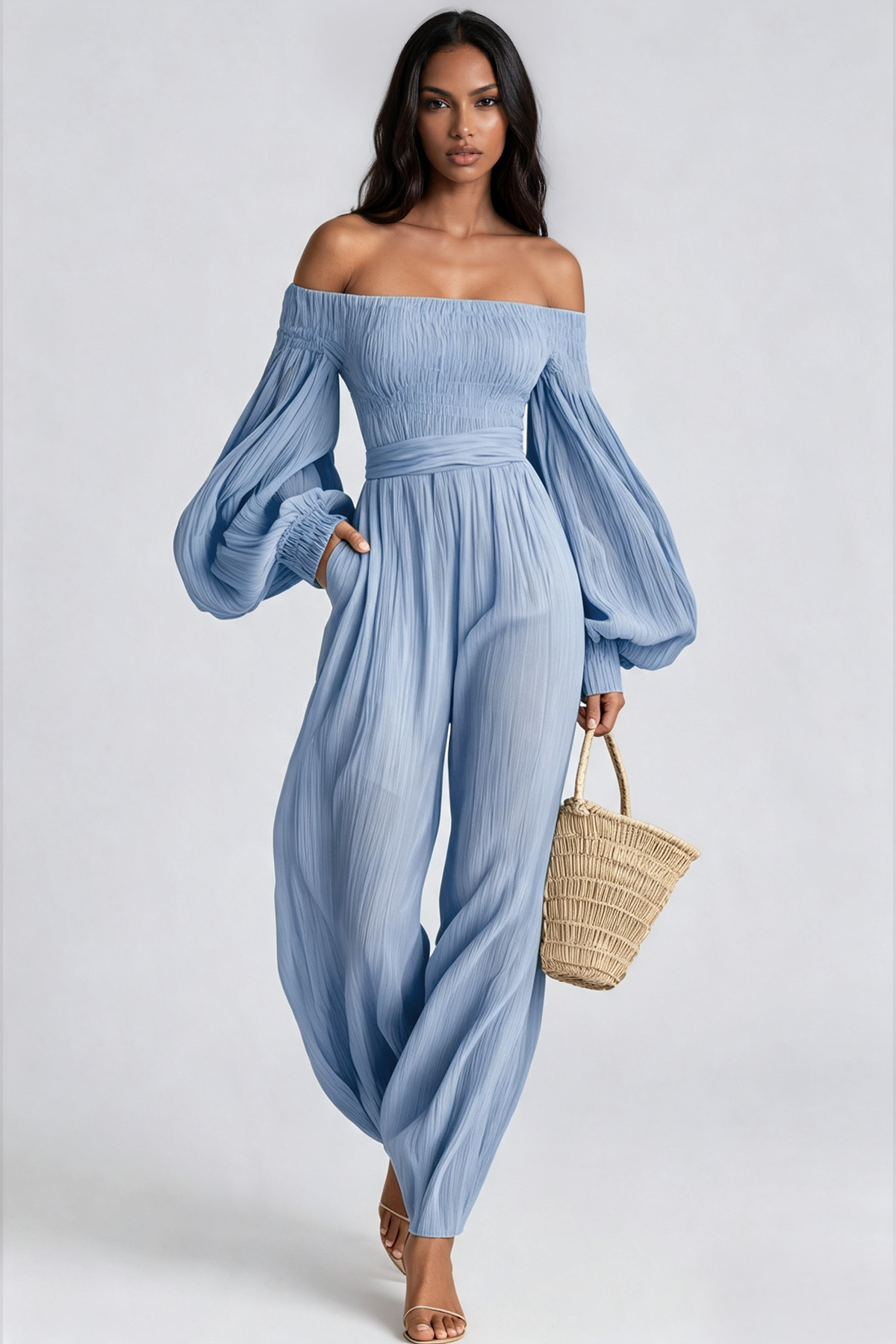 Floris Balloon Sleeve Ruch Jumpsuit In Blue