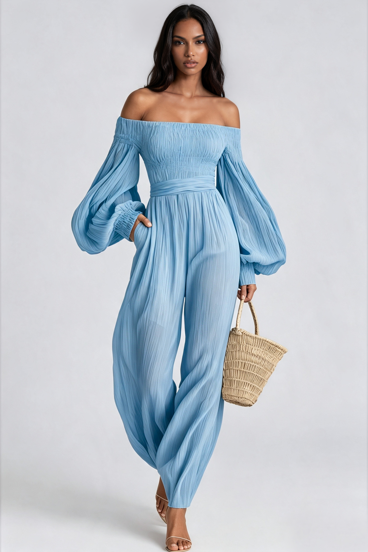 Floris Balloon Sleeve Ruch Jumpsuit In Blue