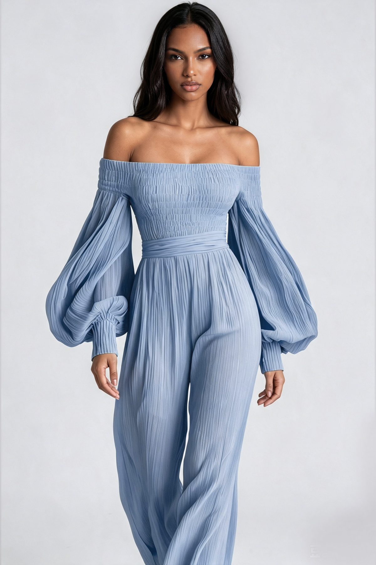 Floris Balloon Sleeve Ruch Jumpsuit In Blue