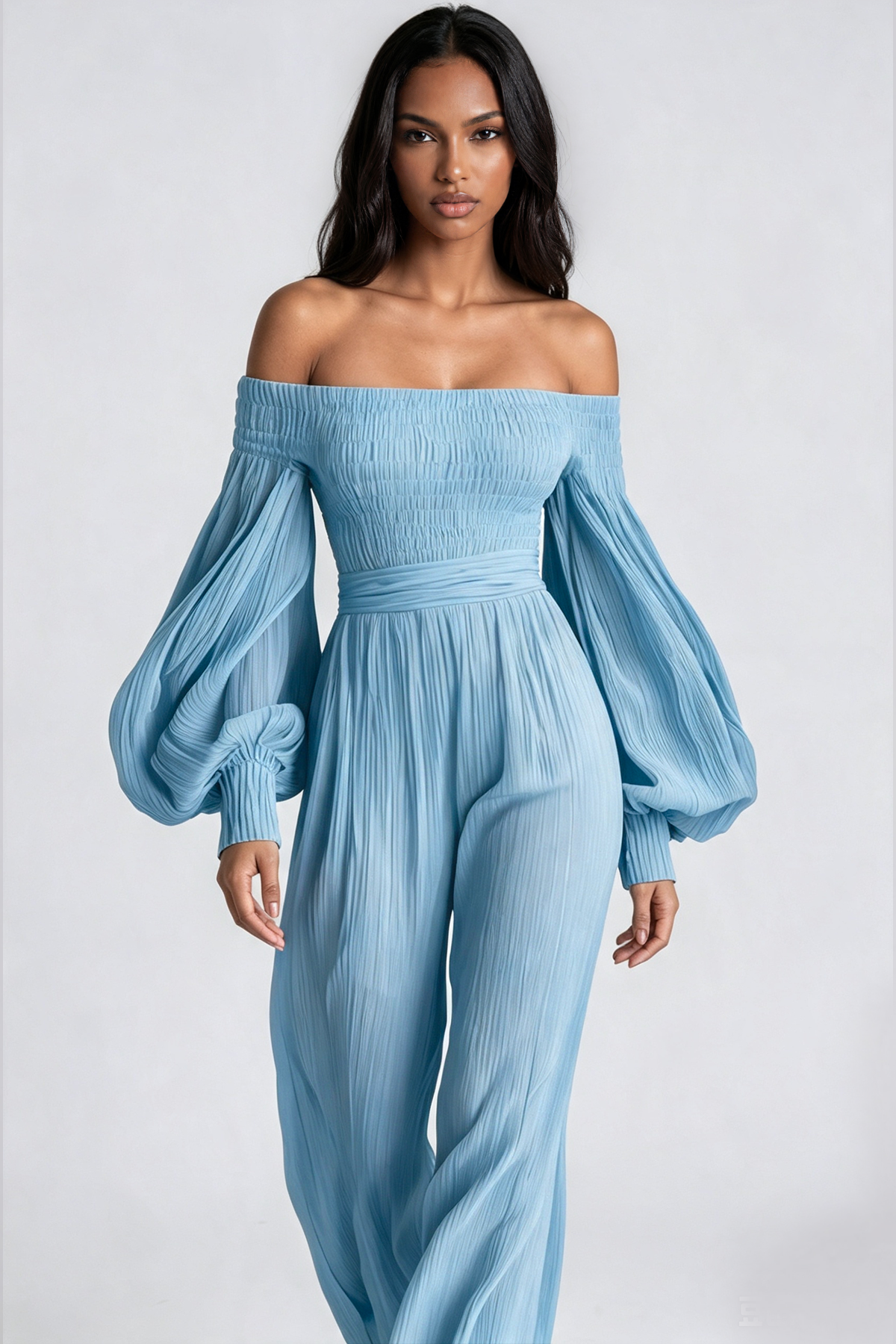 Floris Balloon Sleeve Ruch Jumpsuit In Blue