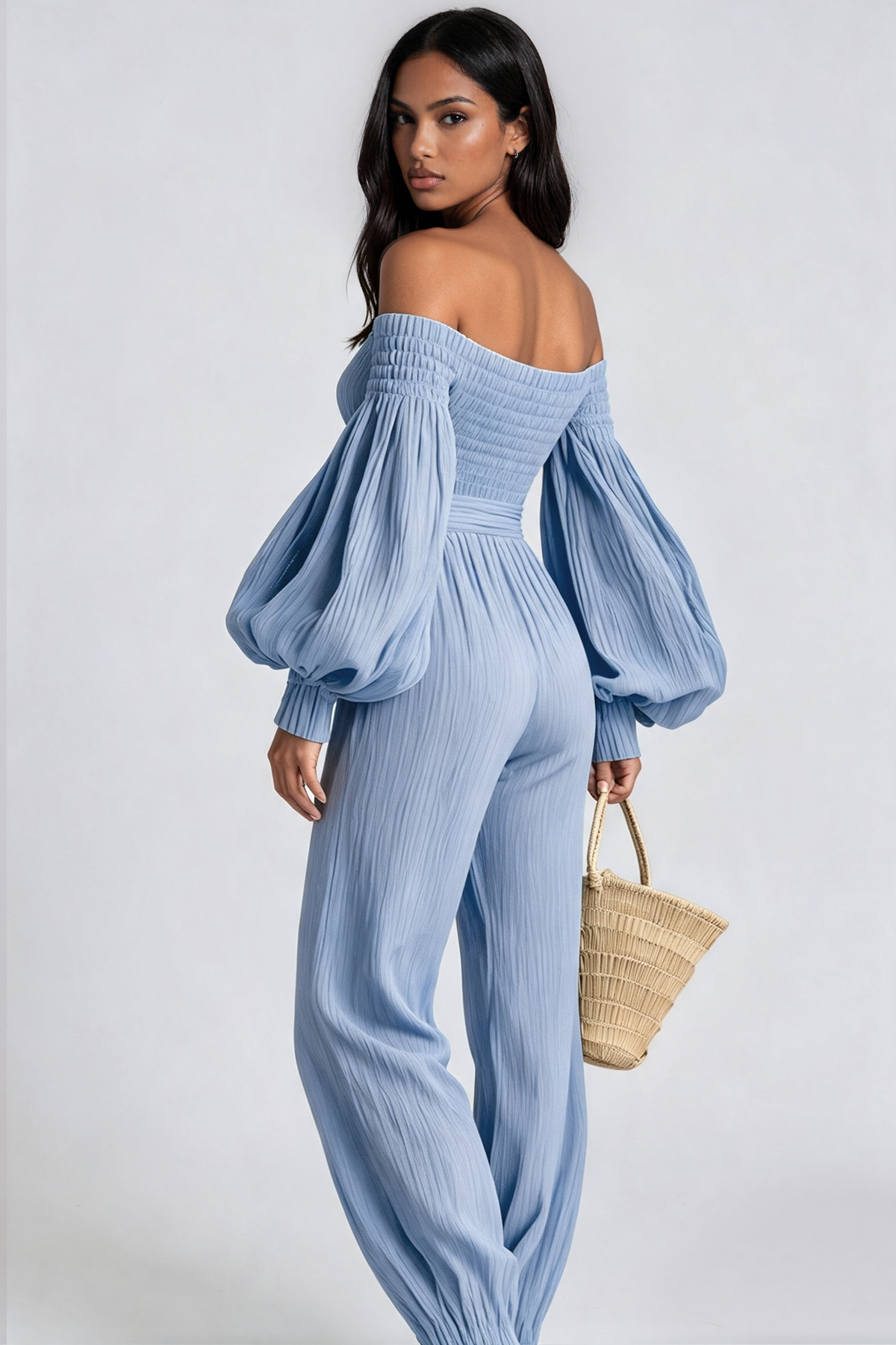Floris Balloon Sleeve Ruch Jumpsuit In Blue