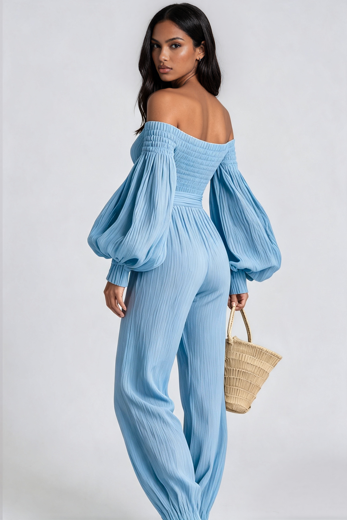 Floris Balloon Sleeve Ruch Jumpsuit In Blue