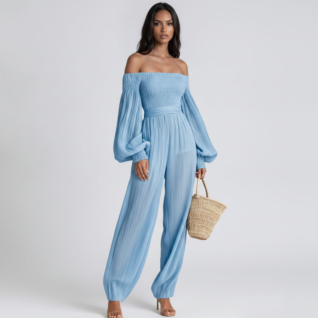 Floris Balloon Sleeve Ruch Jumpsuit In Blue