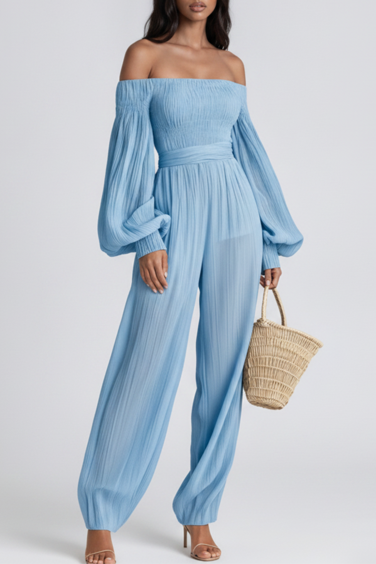 Floris Balloon Sleeve Ruch Jumpsuit In Blue