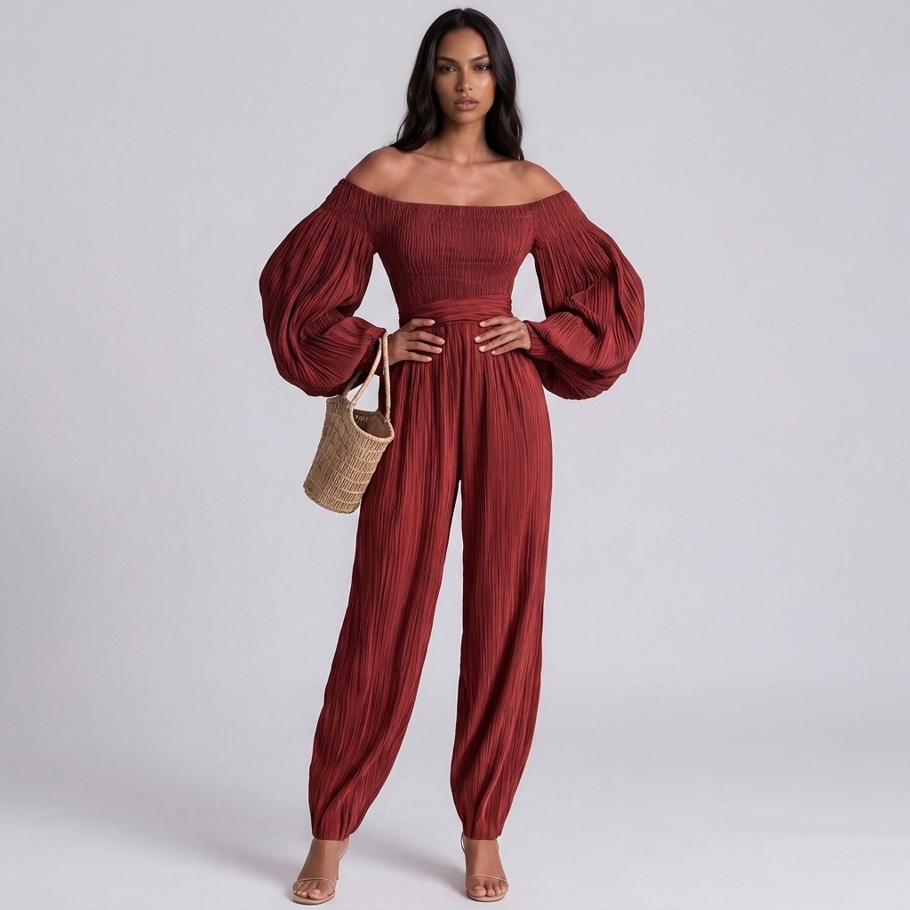 Floris Balloon Sleeve Ruch Jumpsuit In Red