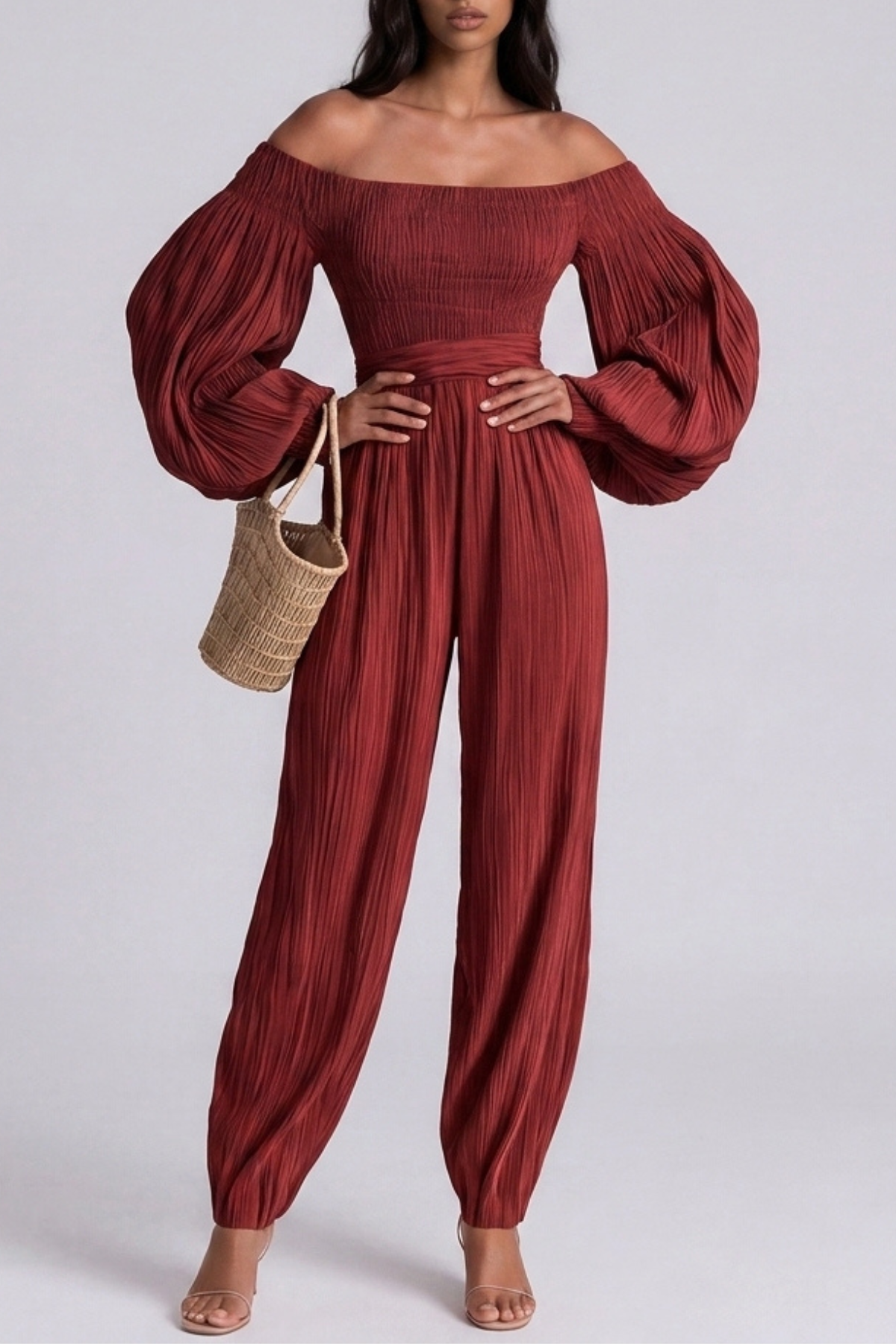 Floris Balloon Sleeve Ruch Jumpsuit In Red