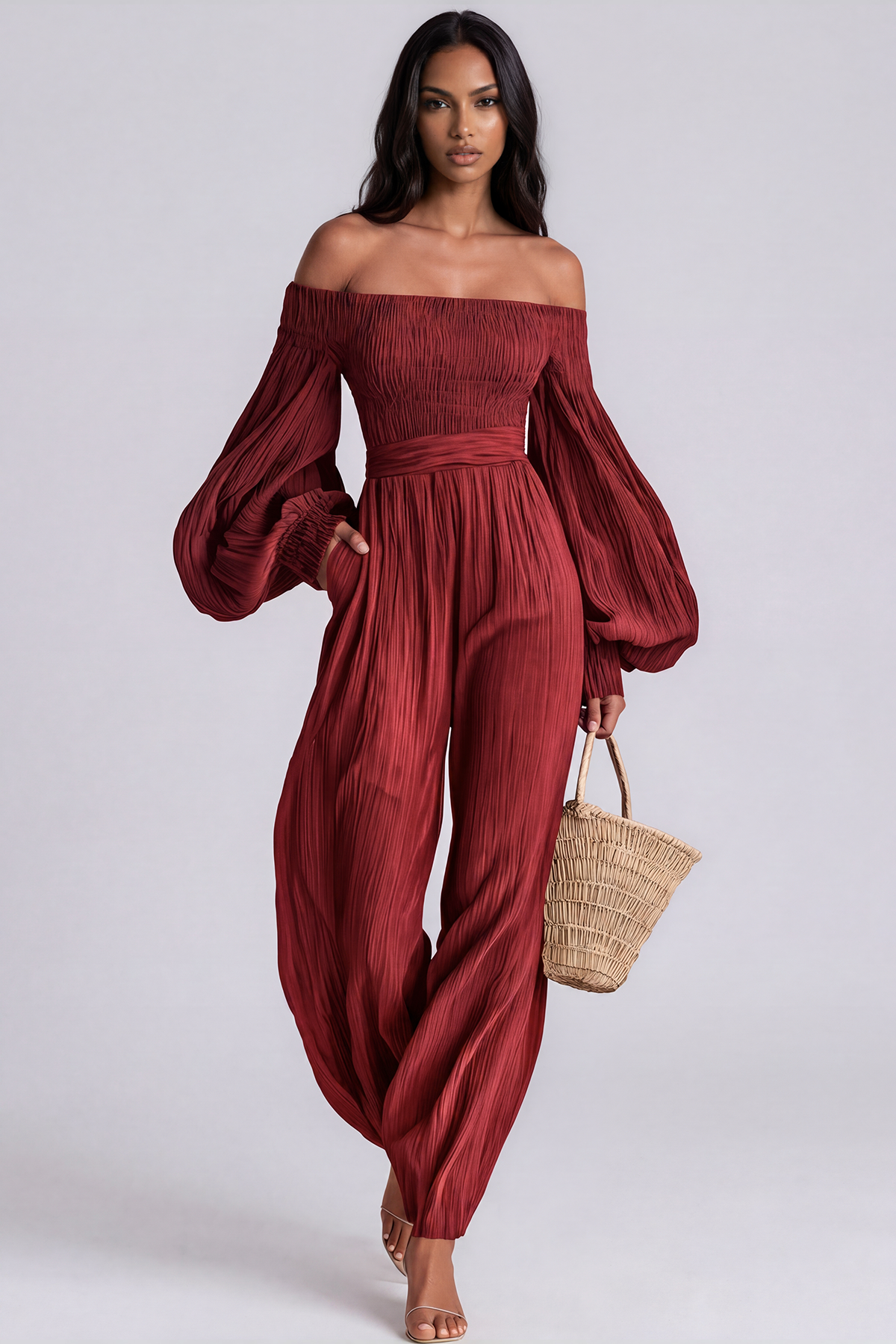 Floris Balloon Sleeve Ruch Jumpsuit In Red