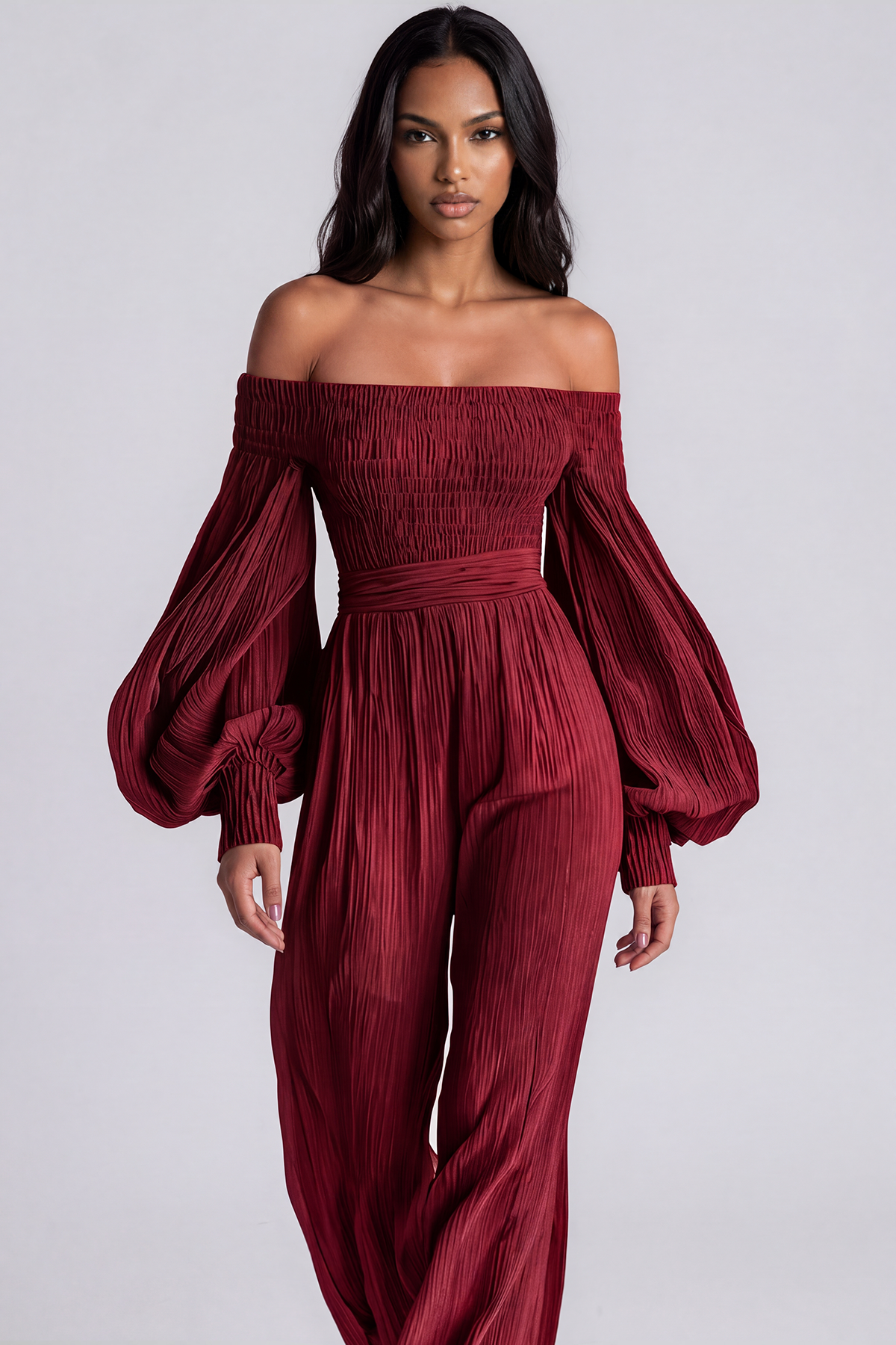 Floris Balloon Sleeve Ruch Jumpsuit In Red