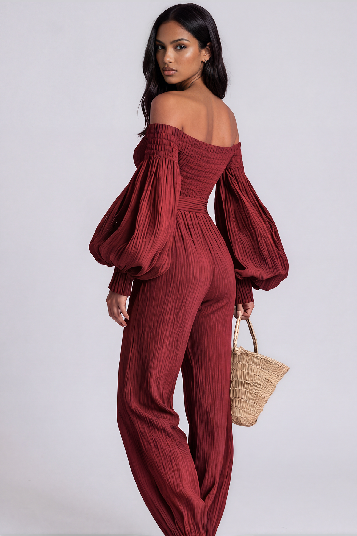 Floris Balloon Sleeve Ruch Jumpsuit In Red