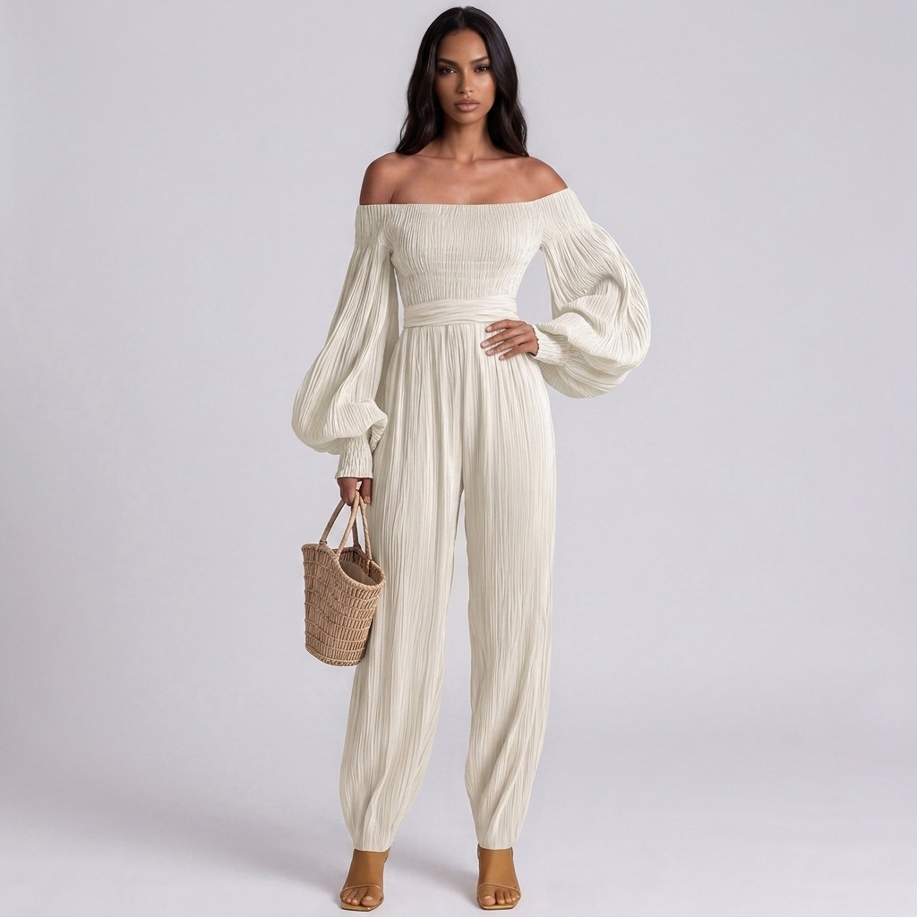Floris Balloon Sleeve Ruch Jumpsuit In White