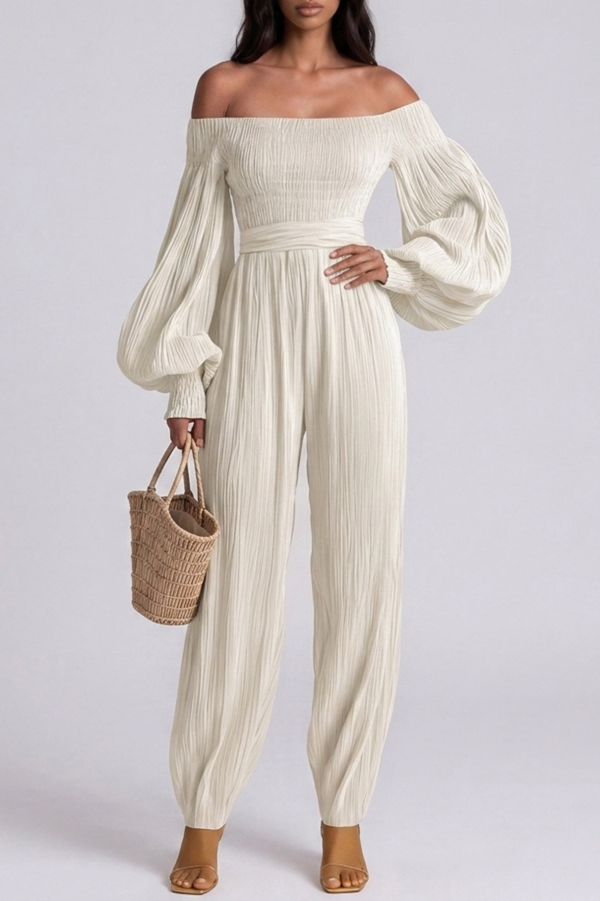 Floris Balloon Sleeve Ruch Jumpsuit In White