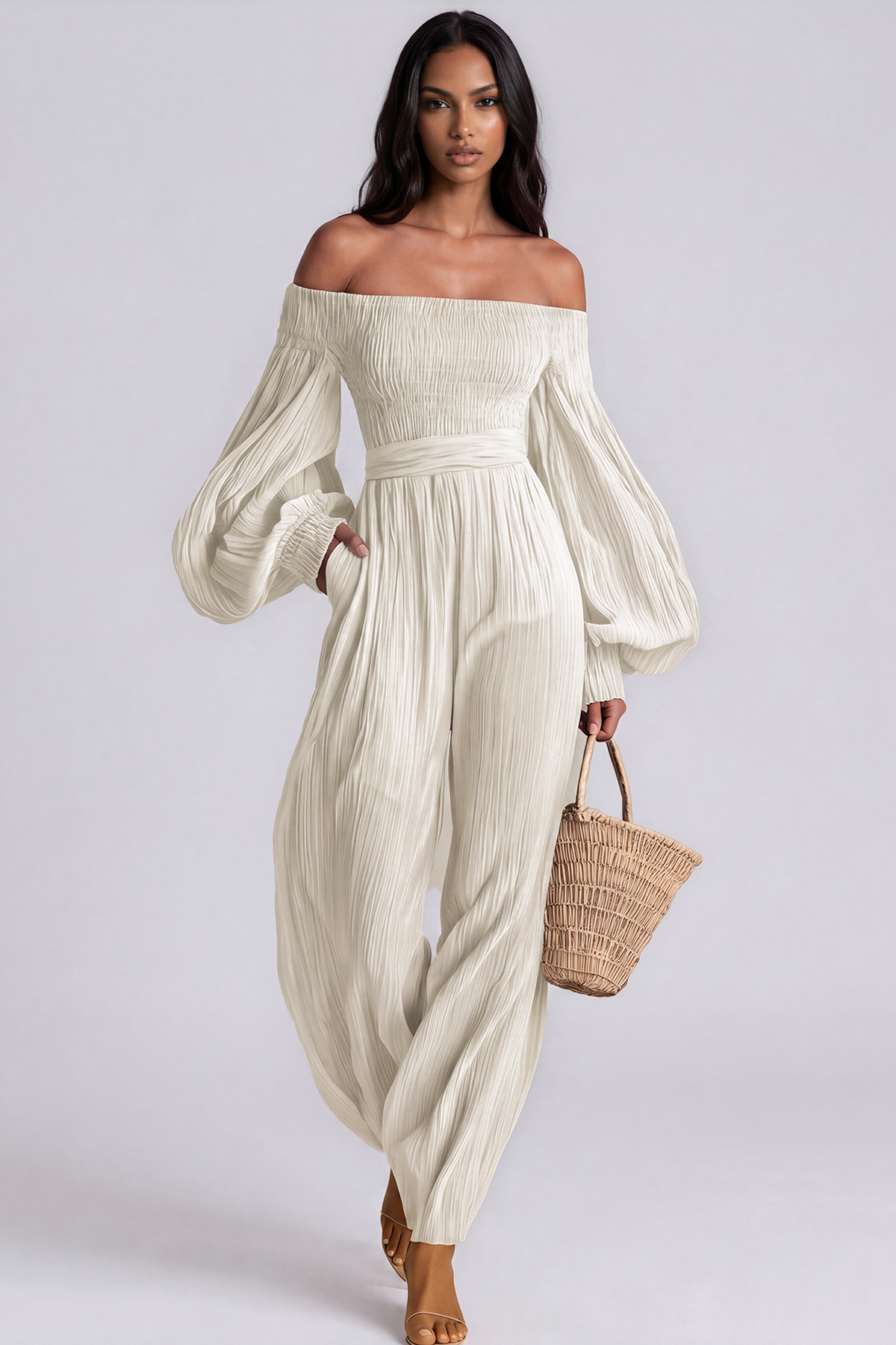Floris Balloon Sleeve Ruch Jumpsuit In White