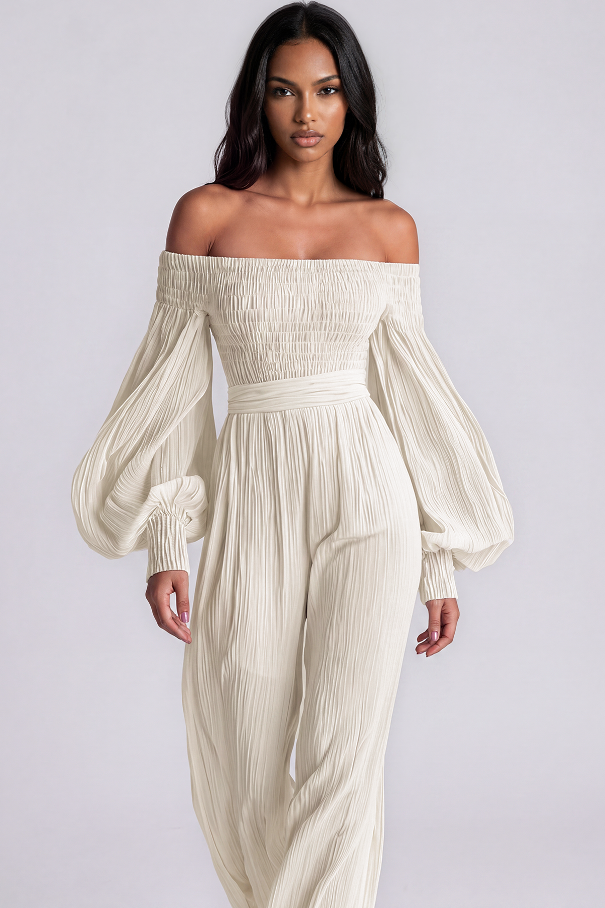 Floris Balloon Sleeve Ruch Jumpsuit In White