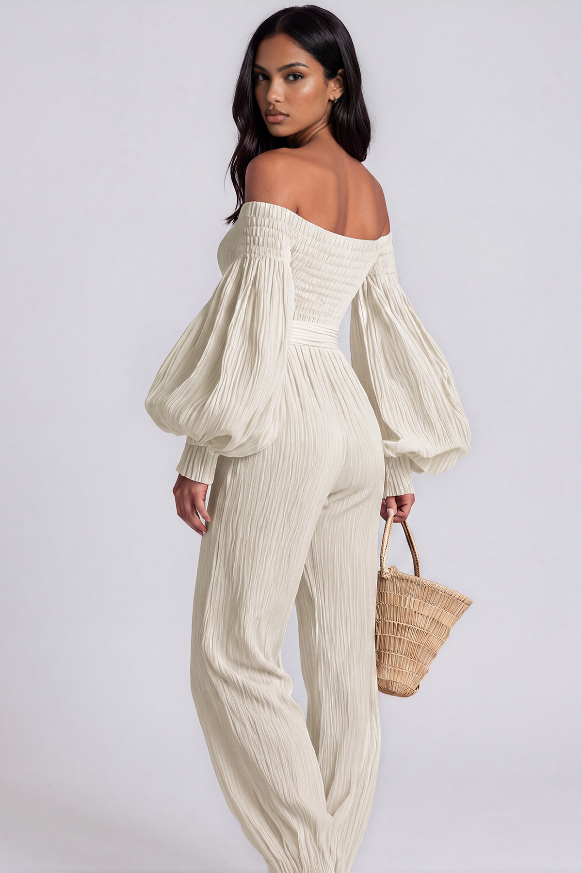 Floris Balloon Sleeve Ruch Jumpsuit In White