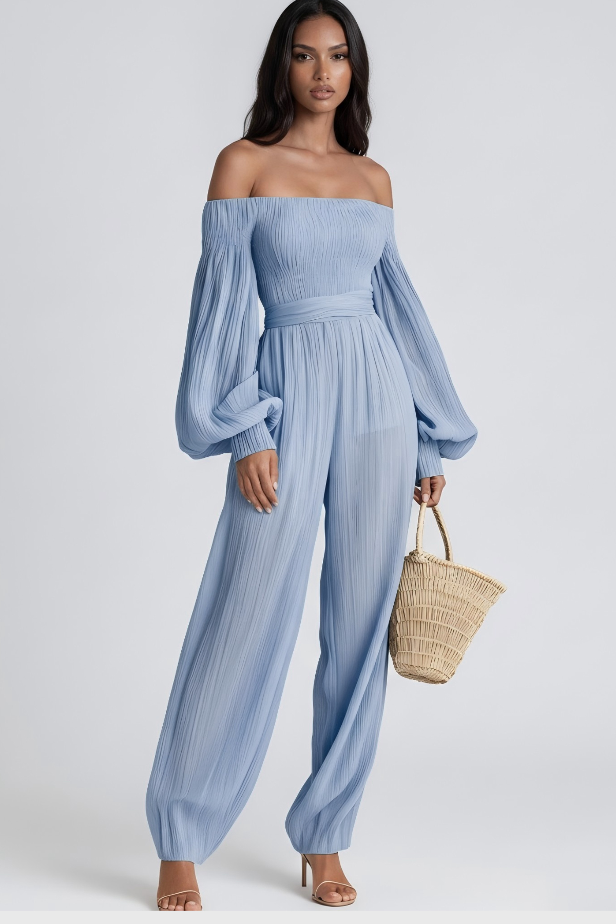 Floris Balloon Sleeve Ruch Jumpsuit In Blue
