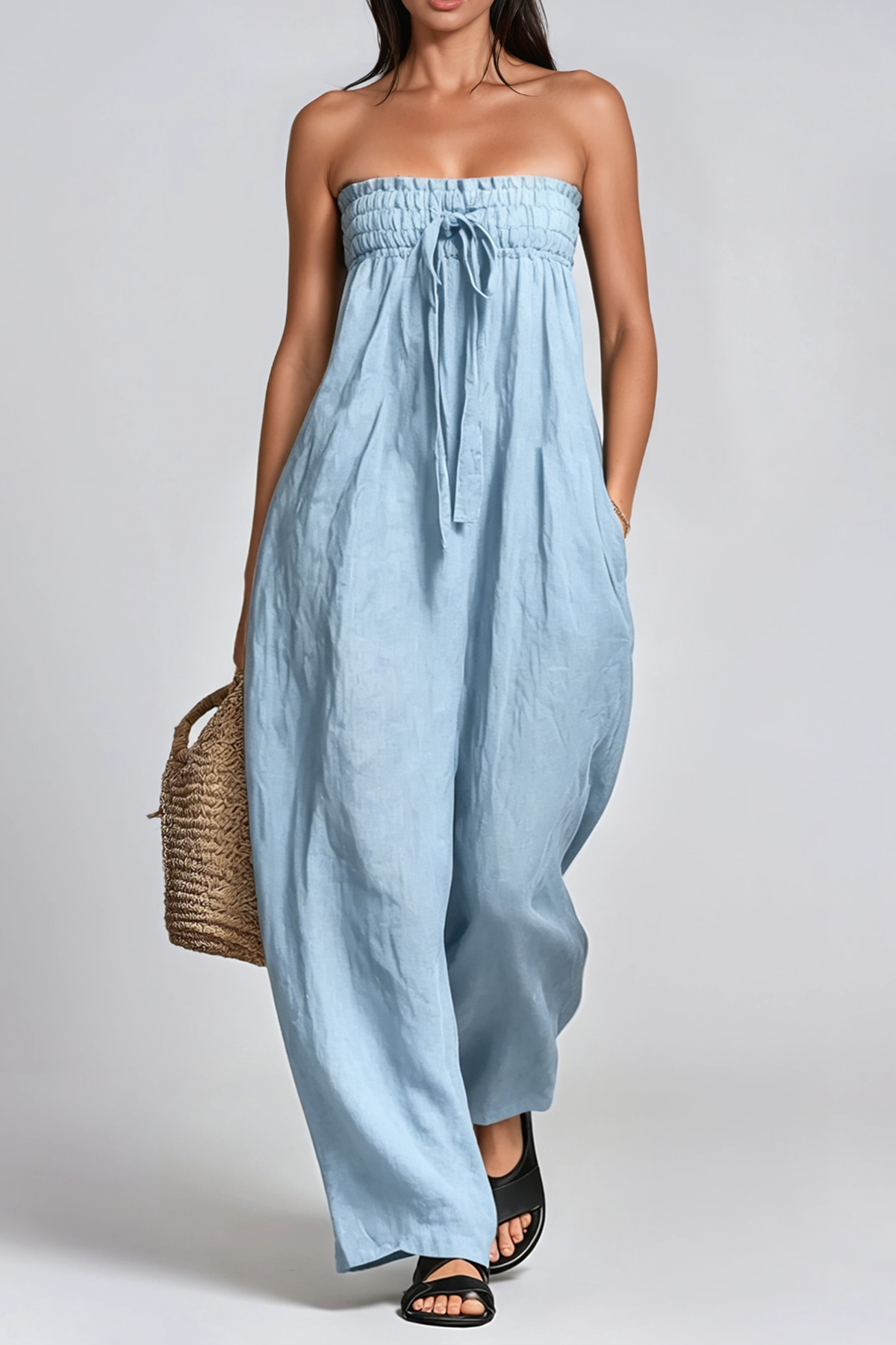 Floris Strapless Ruch Jumpsuit In Blue